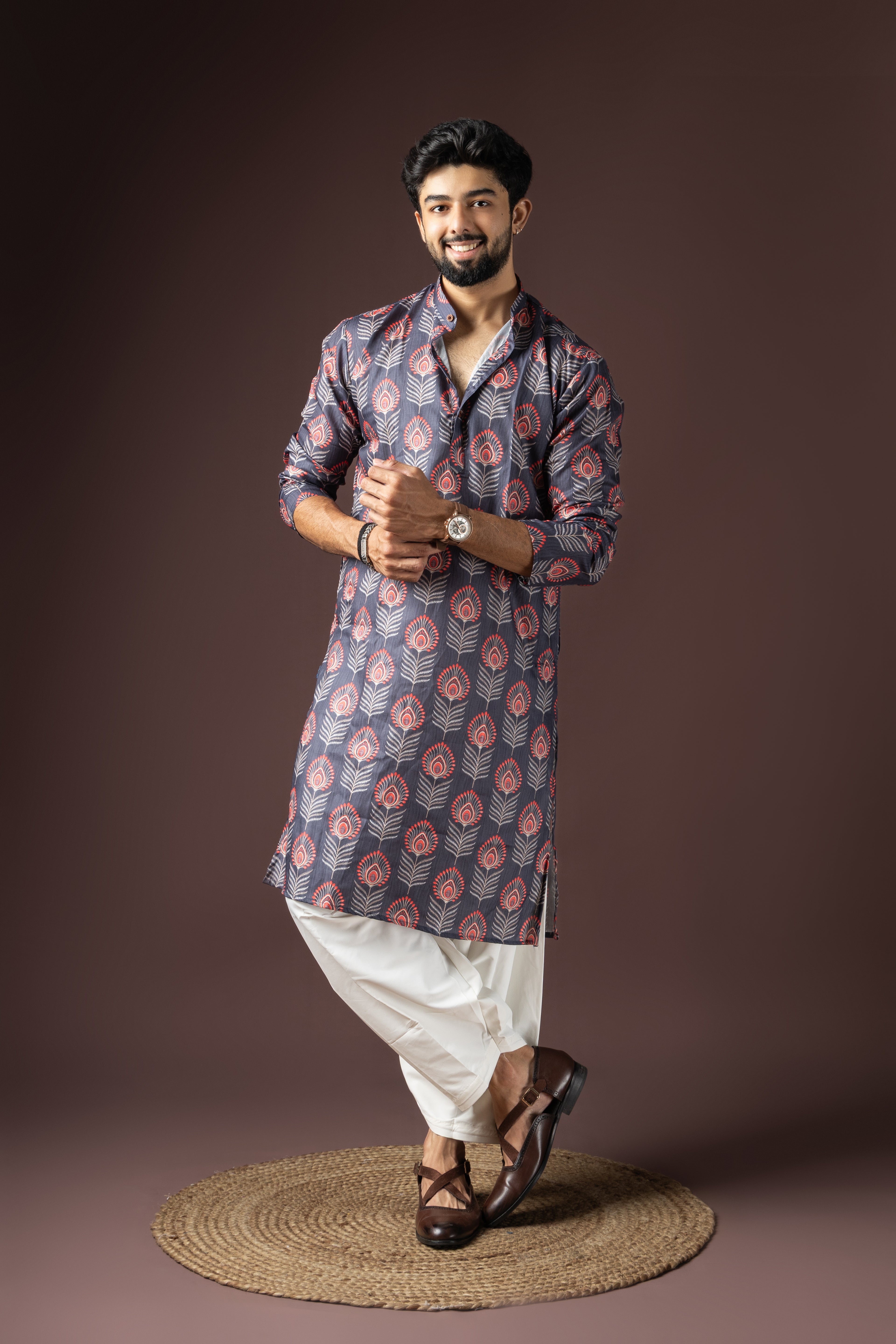 Dark Grey Blended Cotton Weaved Kurta Set | Sophisticated Festive Wear