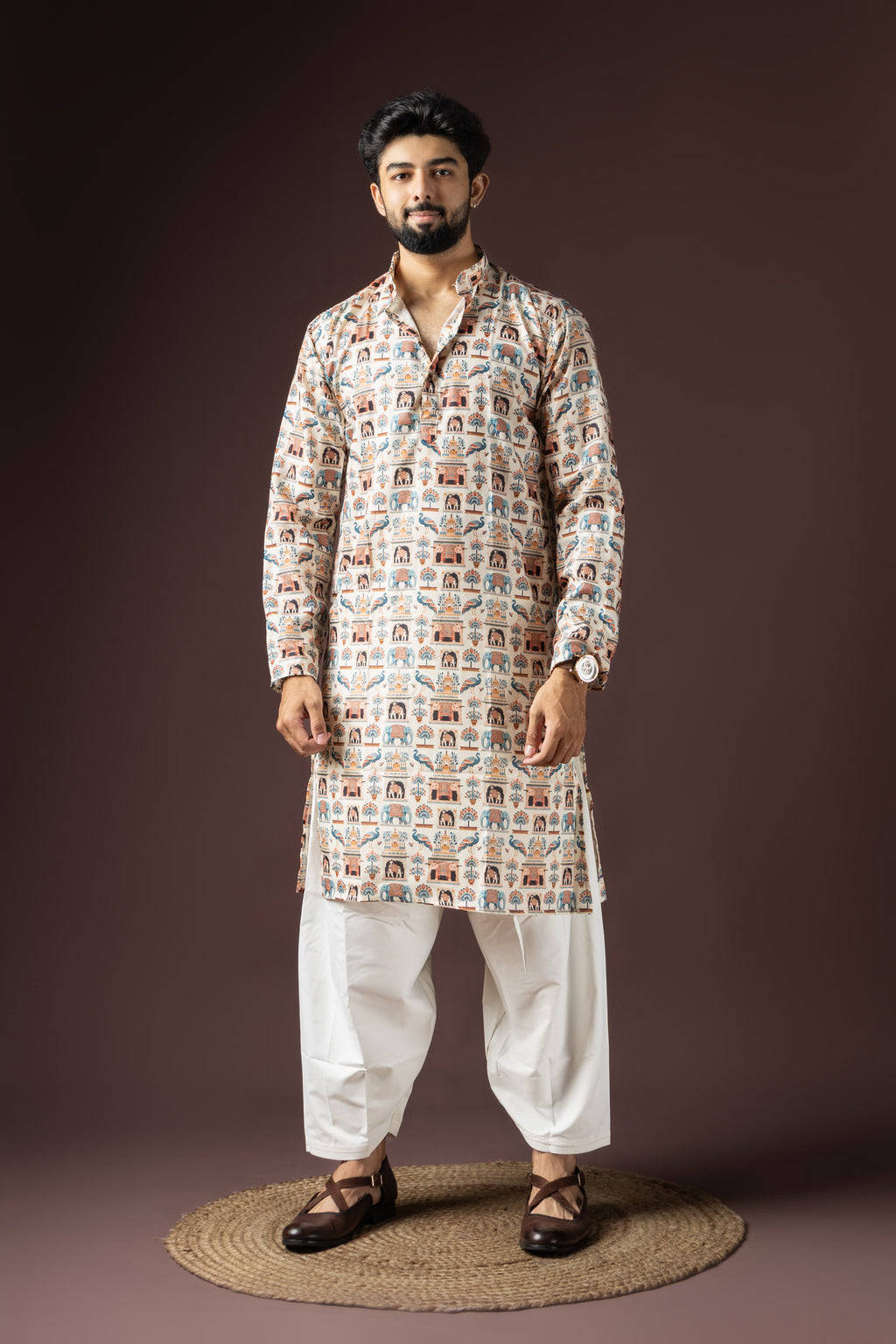 Cream Blended Cotton Weaved Kurta Set | Subtle Festive Elegance