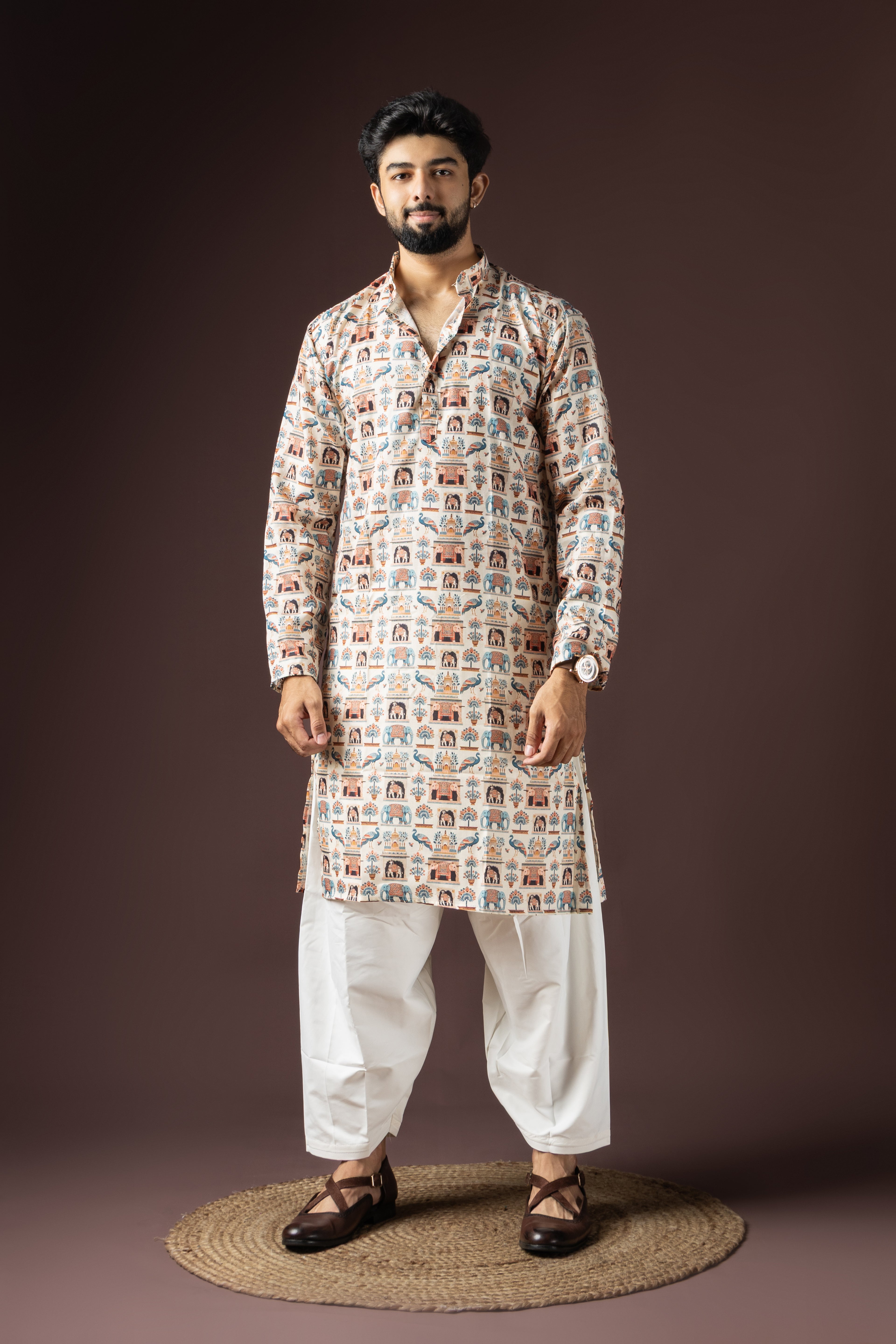 Cream Blended Cotton Weaved Kurta Set | Subtle Festive Elegance