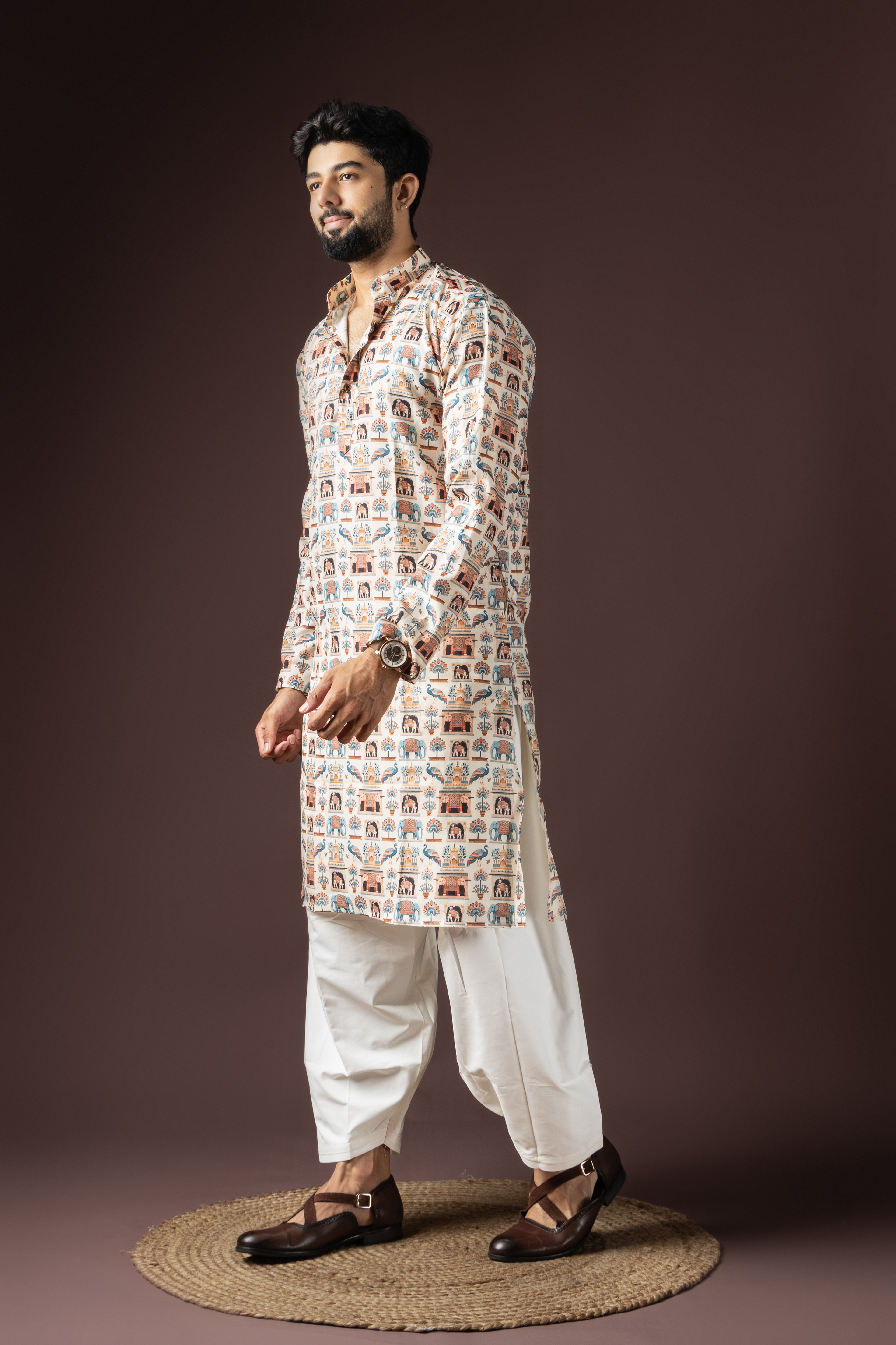 Cream Blended Cotton Weaved Kurta Set | Subtle Festive Elegance