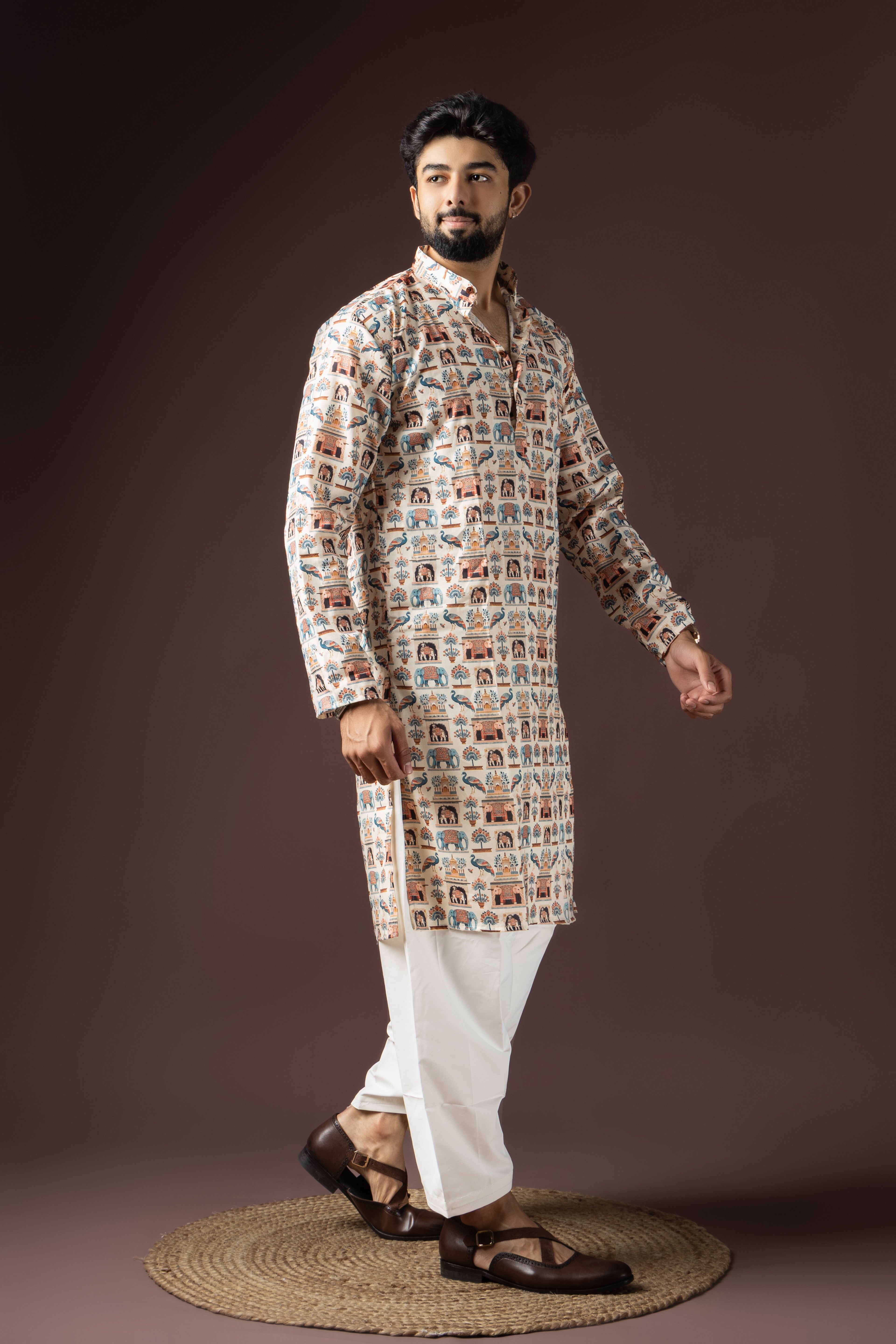 Cream Blended Cotton Weaved Kurta Set | Subtle Festive Elegance