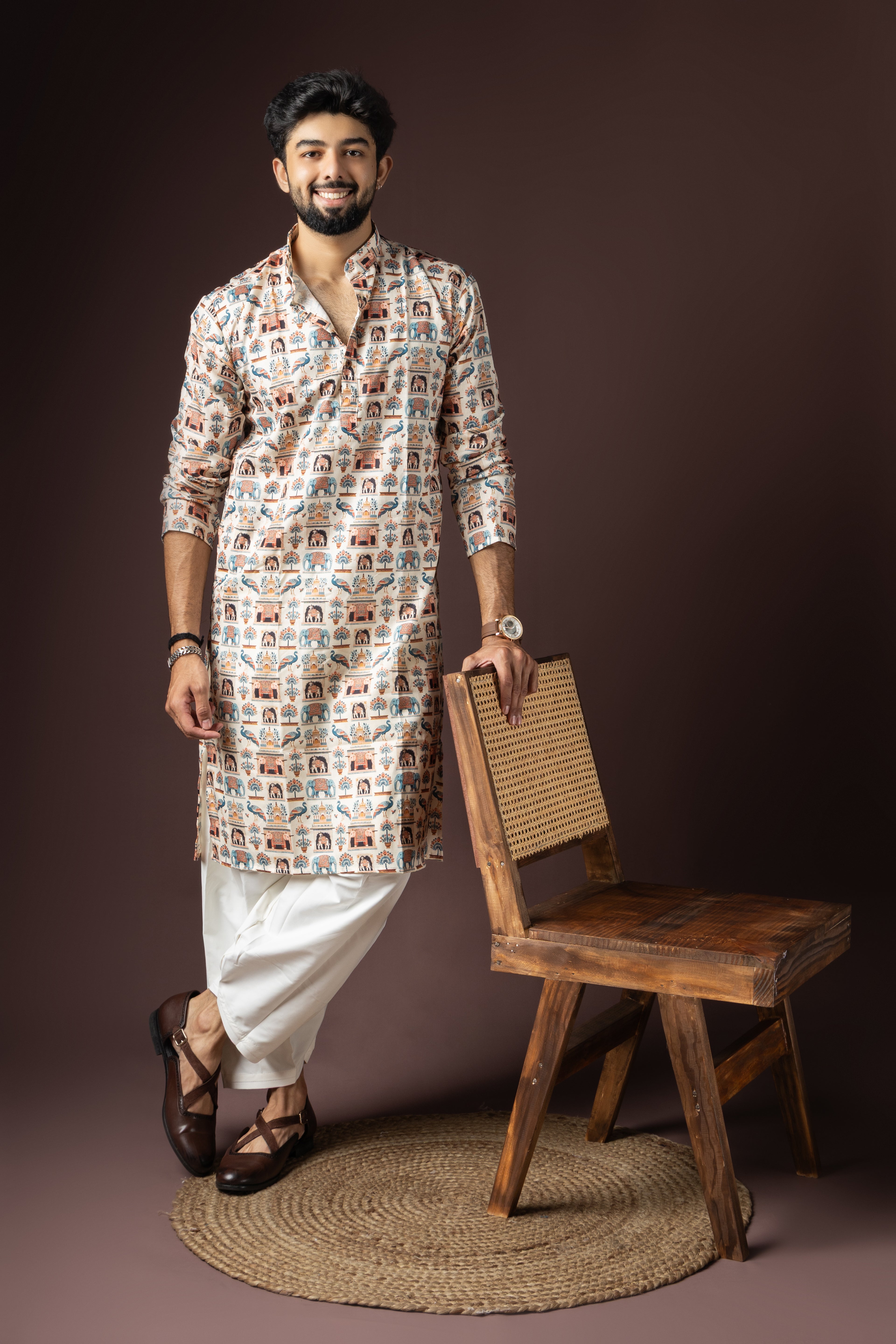 Cream Blended Cotton Weaved Kurta Set | Subtle Festive Elegance