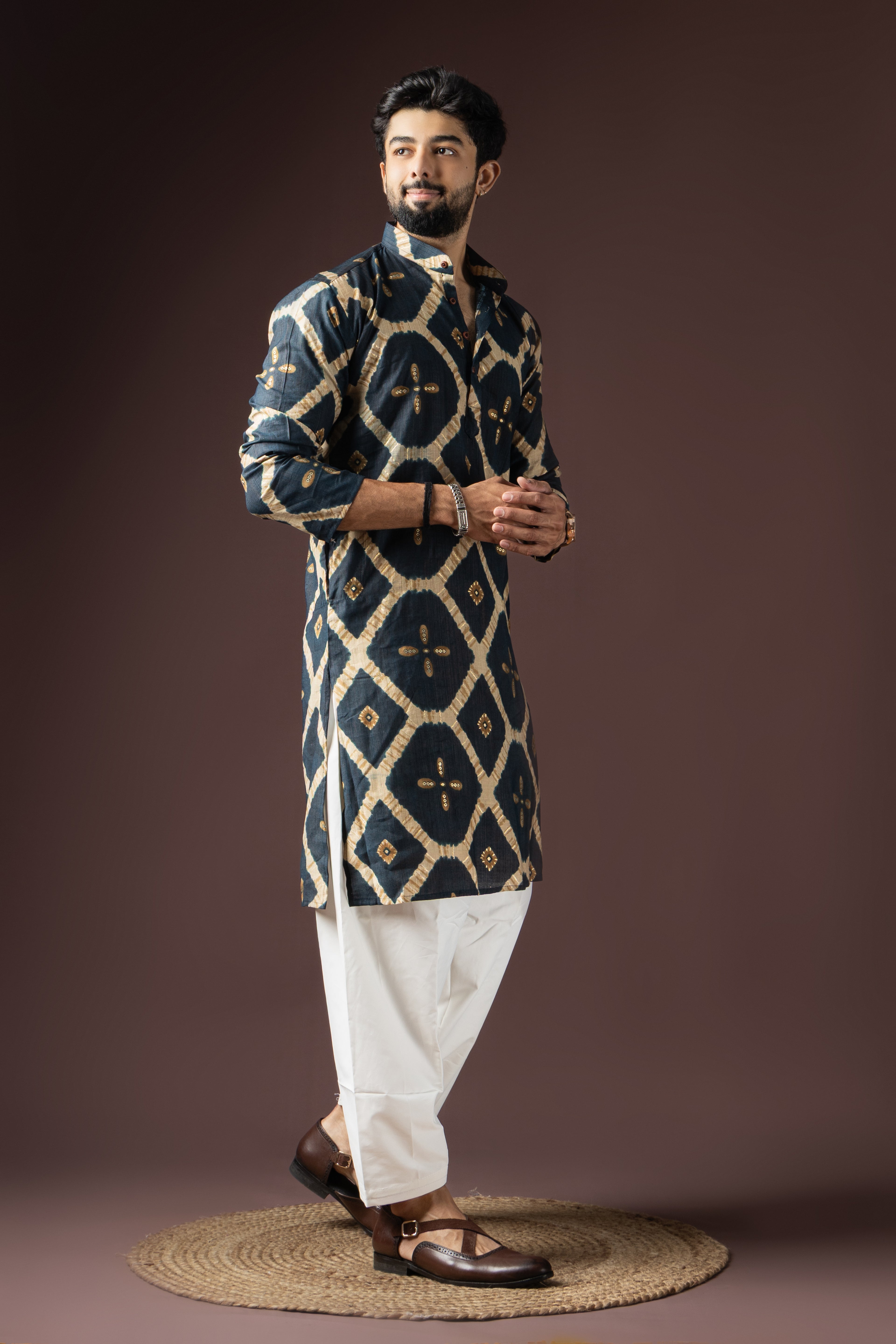 Navy Blue Rayon Weaved Kurta Set | Contemporary Festive Style