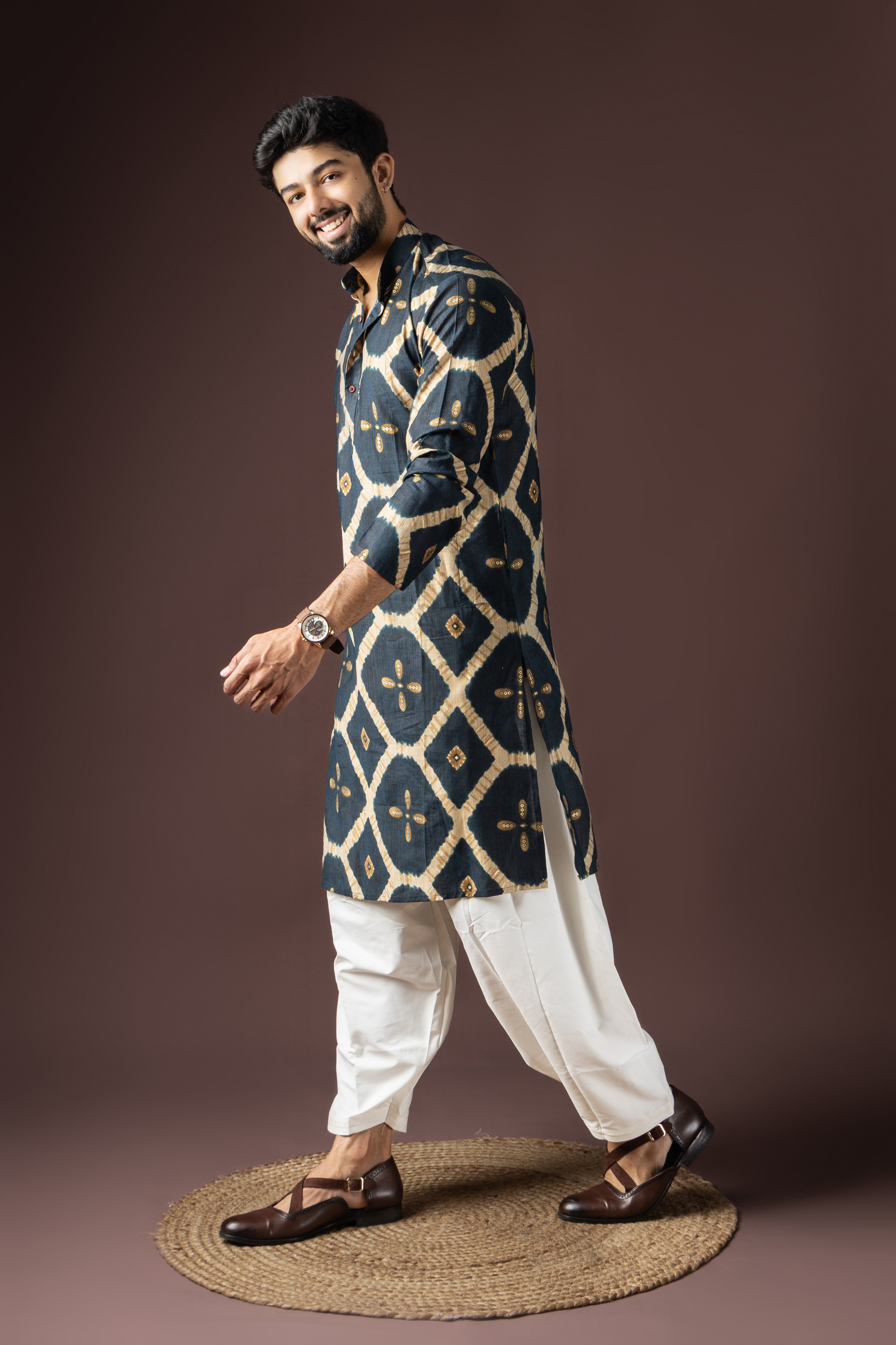 Navy Blue Rayon Weaved Kurta Set | Contemporary Festive Style