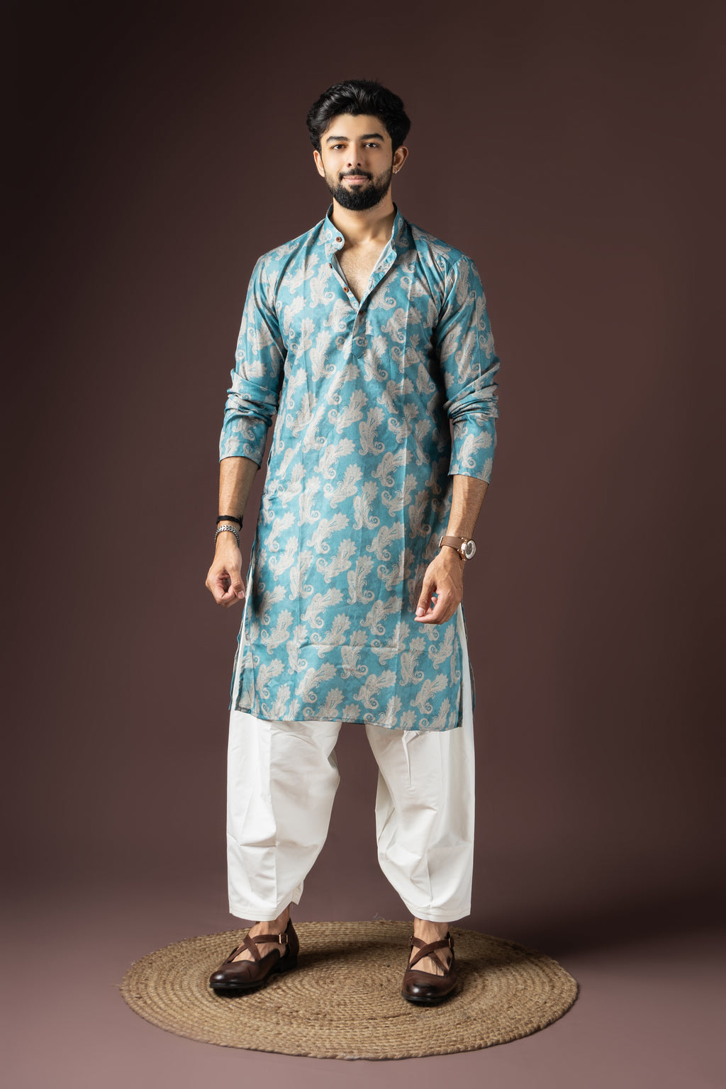 Cyan Blue Blended Cotton Weaved Kurta Set | Vibrant Festive Attire