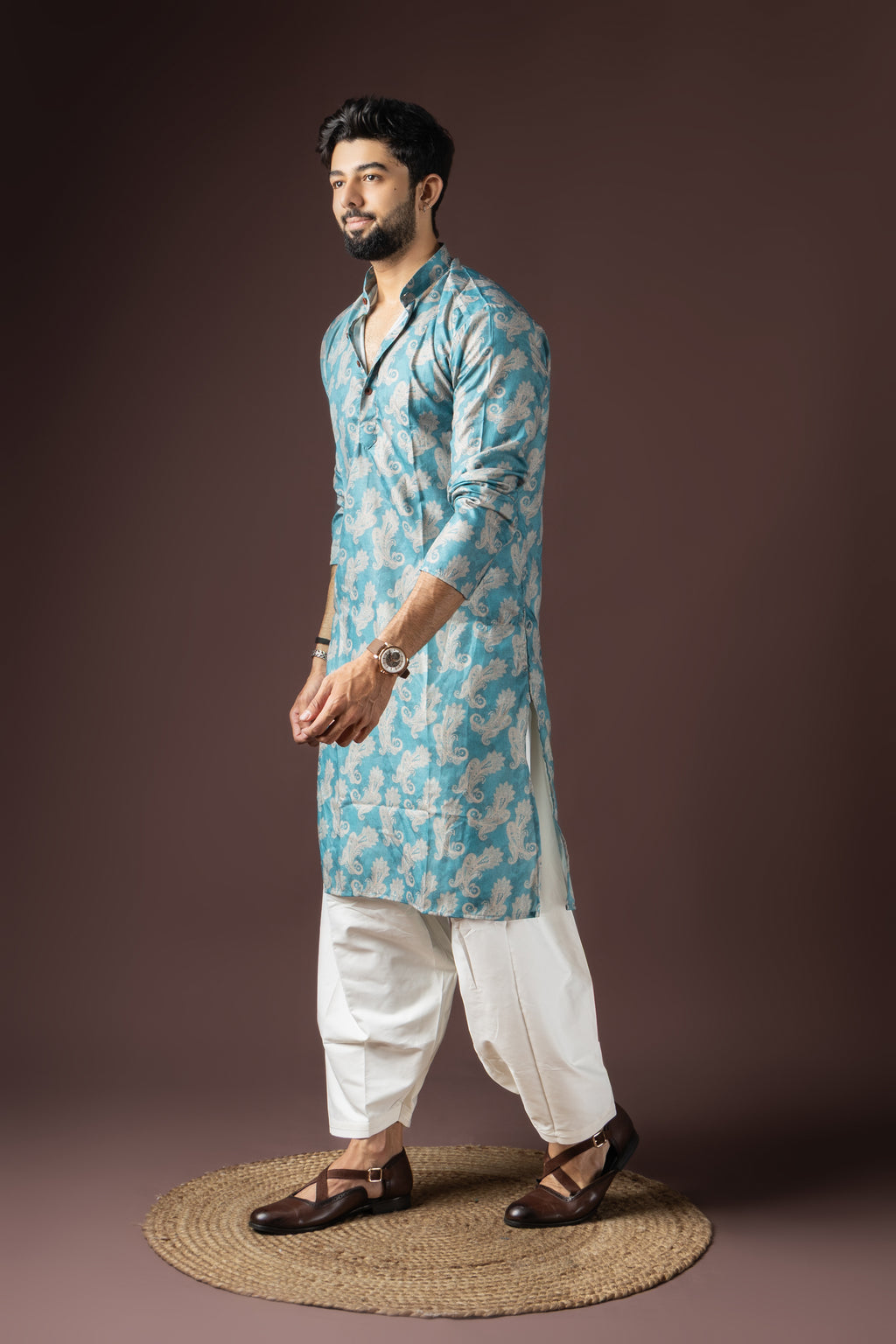 Cyan Blue Blended Cotton Weaved Kurta Set | Vibrant Festive Attire