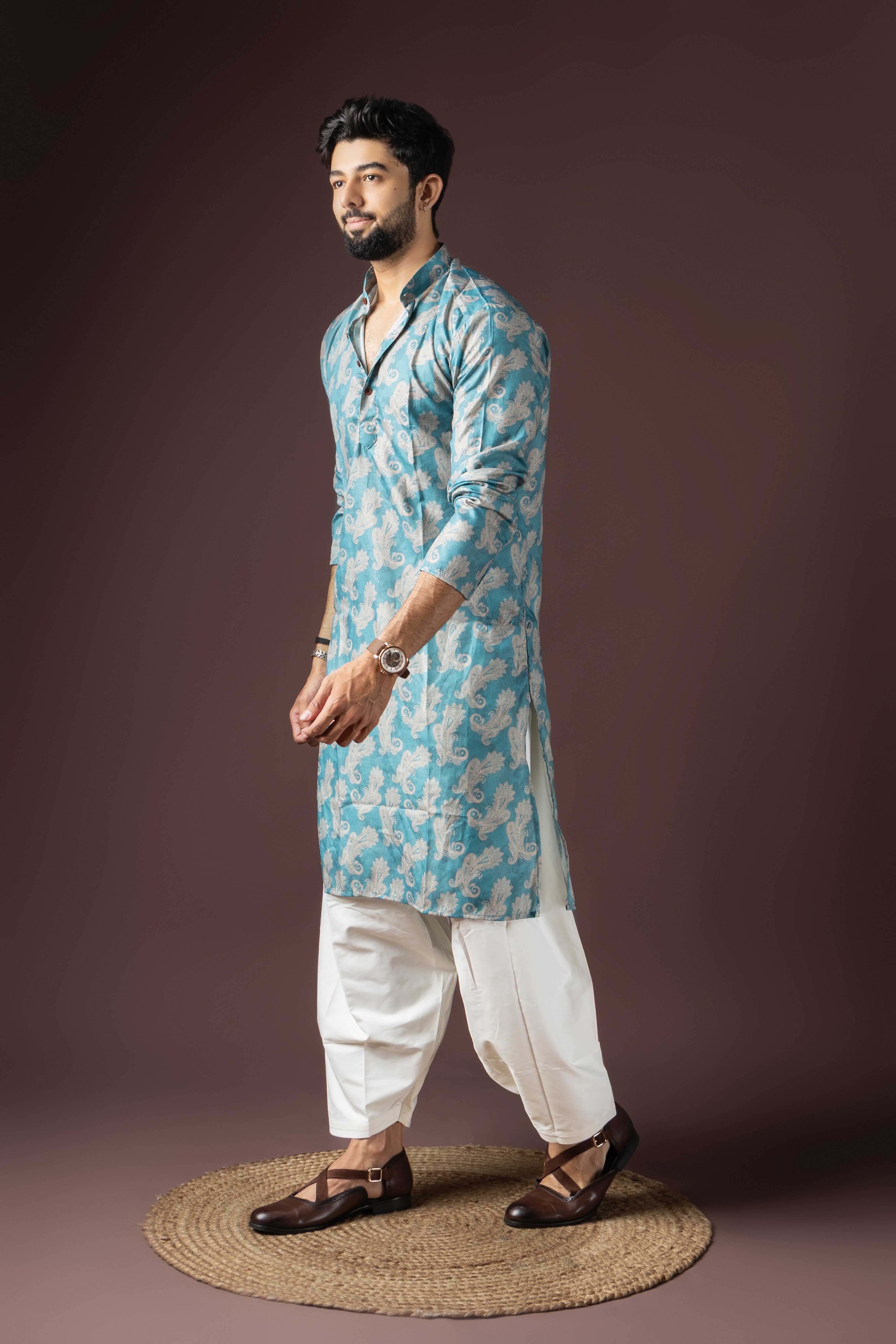 Cyan Blue Blended Cotton Weaved Kurta Set | Vibrant Festive Attire