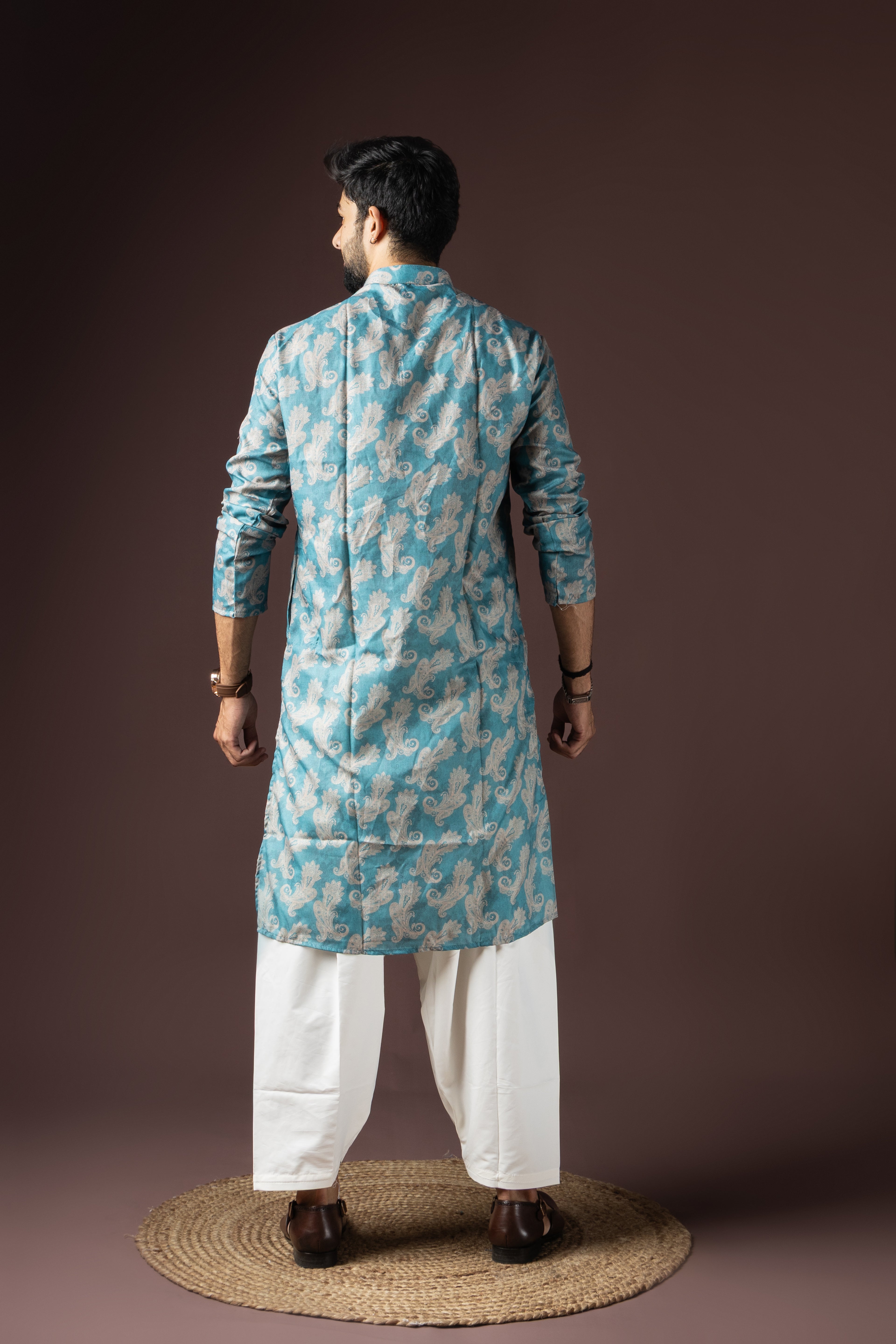 Cyan Blue Blended Cotton Weaved Kurta Set | Vibrant Festive Attire