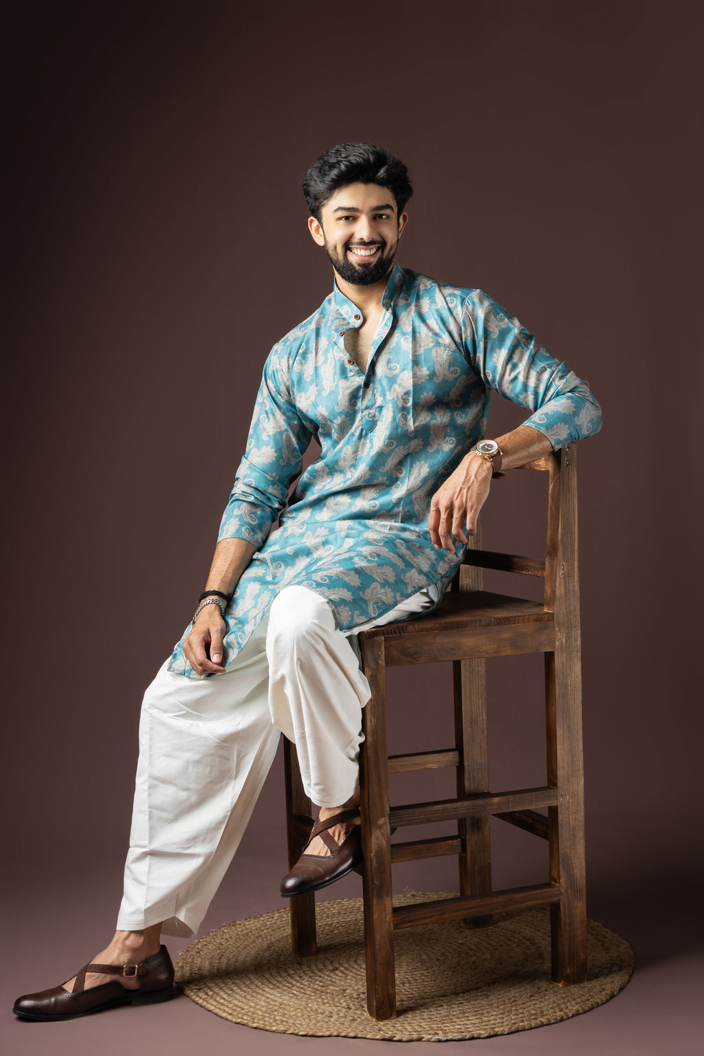 Cyan Blue Blended Cotton Weaved Kurta Set | Vibrant Festive Attire