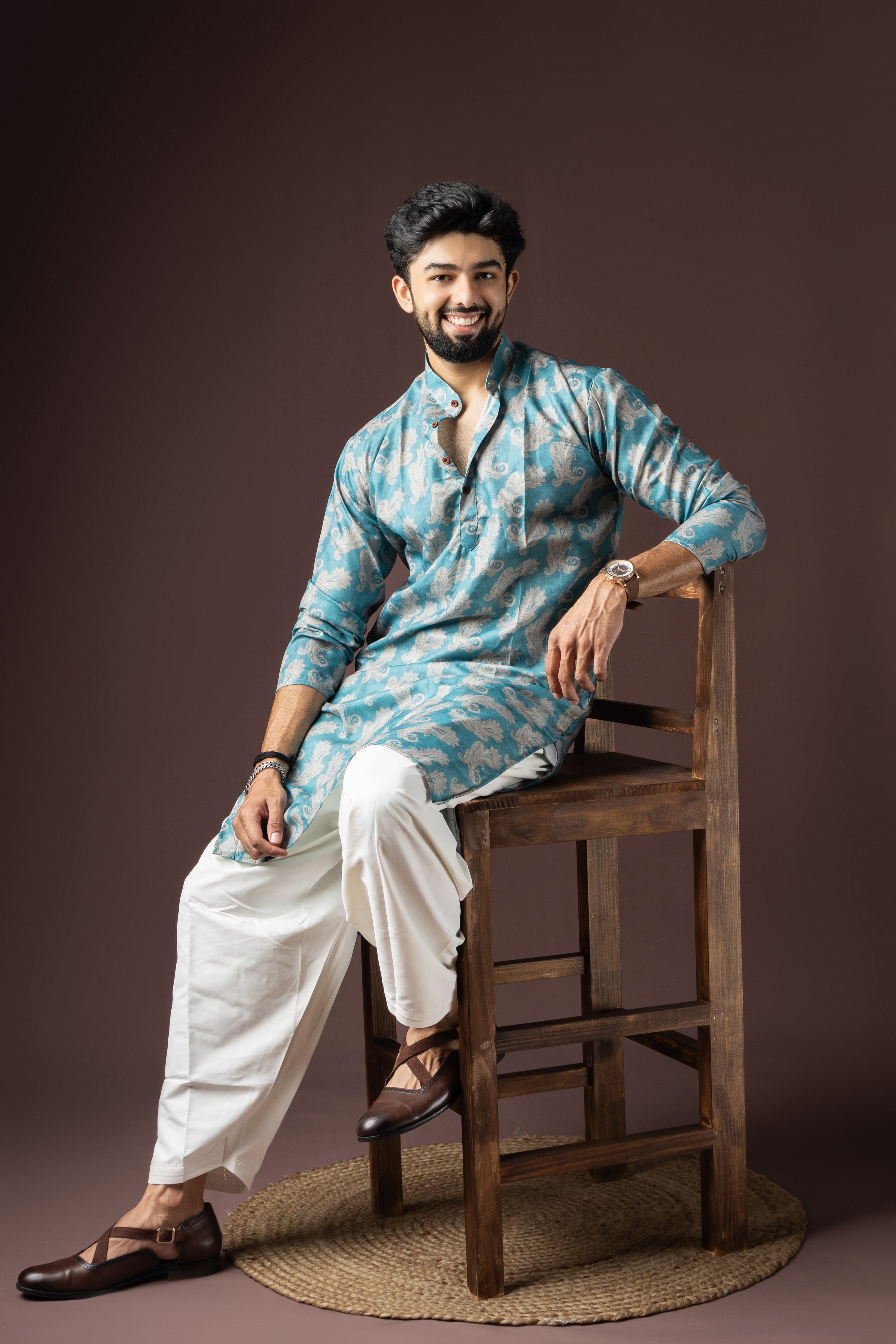 Cyan Blue Blended Cotton Weaved Kurta Set | Vibrant Festive Attire