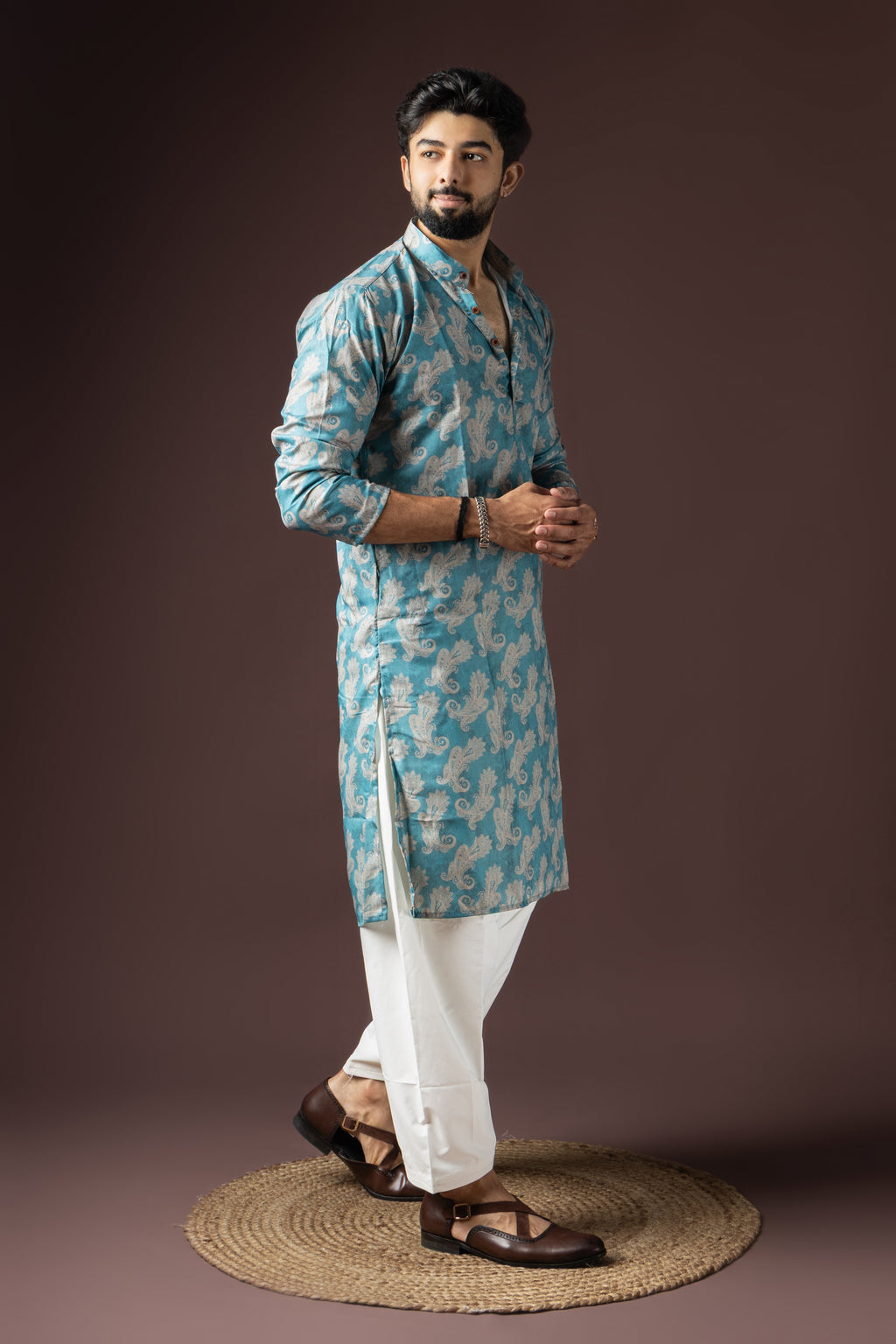 Cyan Blue Blended Cotton Weaved Kurta Set | Vibrant Festive Attire