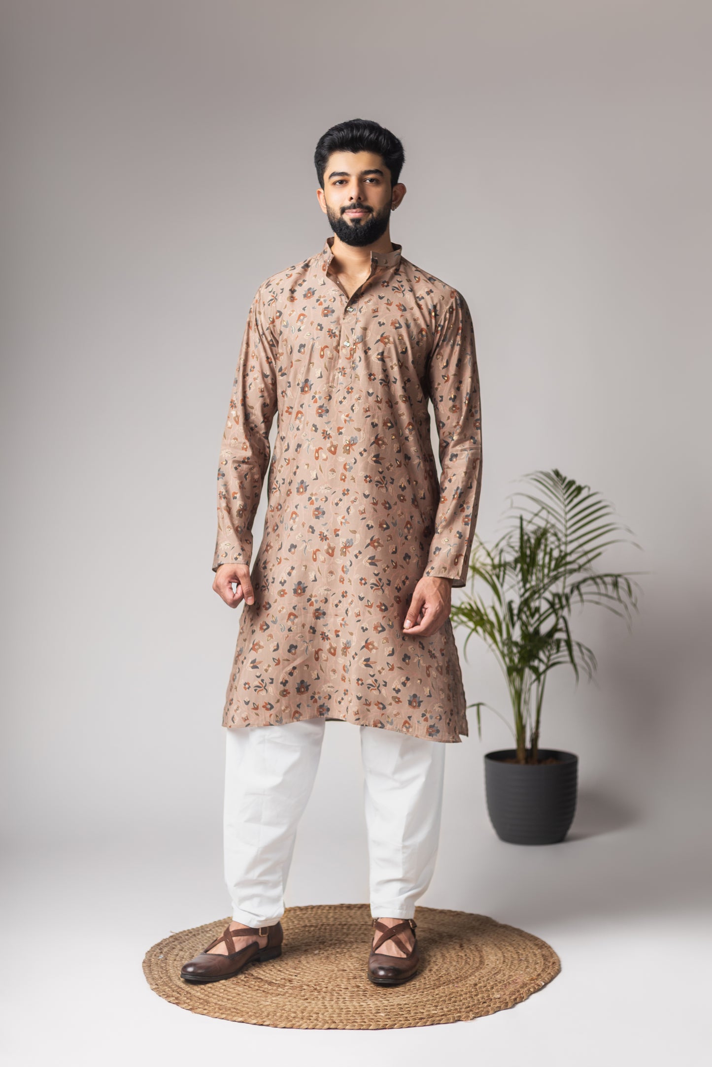 Regal Brown Modal Silk Motifs Kurta Set | Festive Print with Cotton Bottom