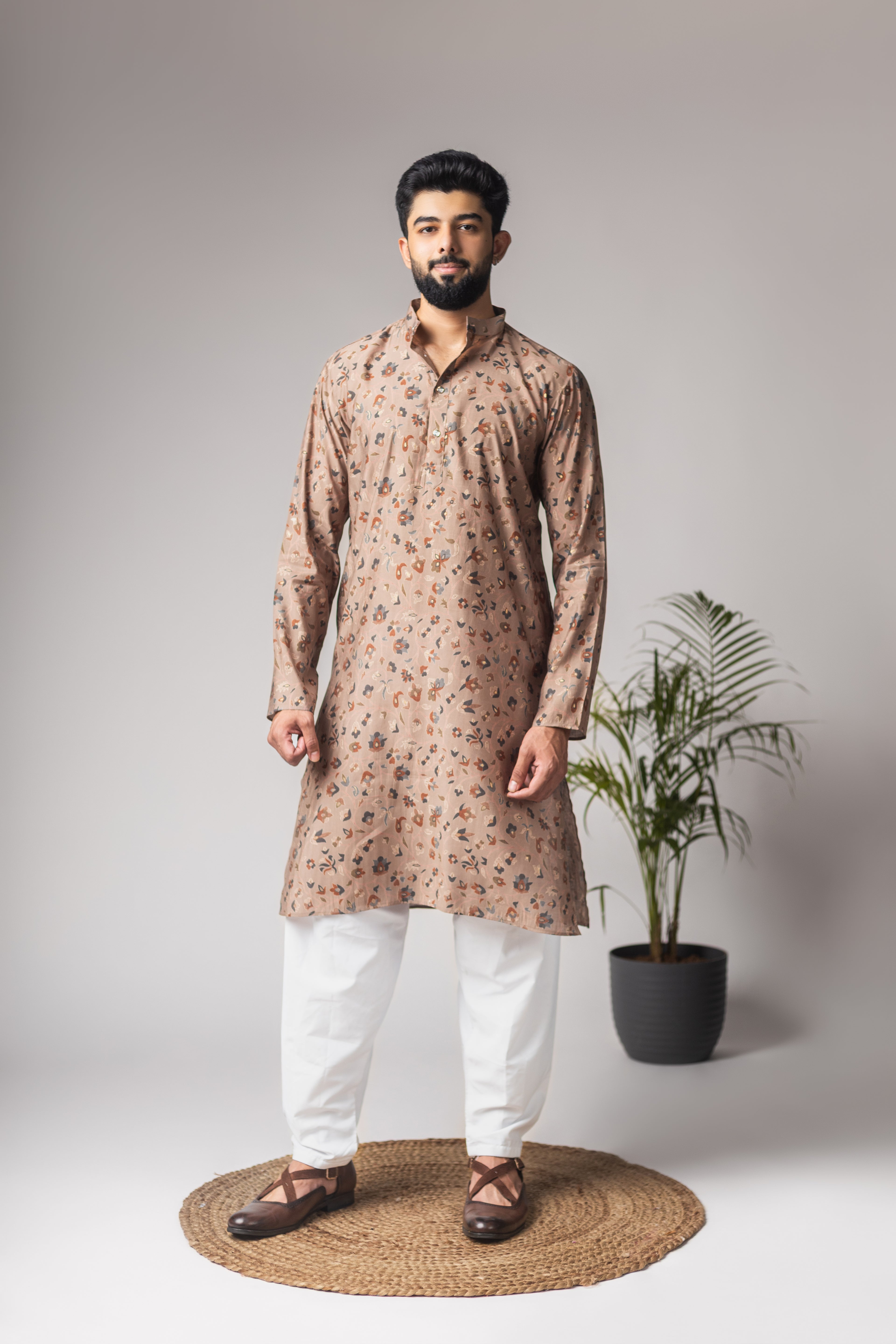 Regal Brown Modal Silk Motifs Kurta Set | Festive Print with Cotton Bottom