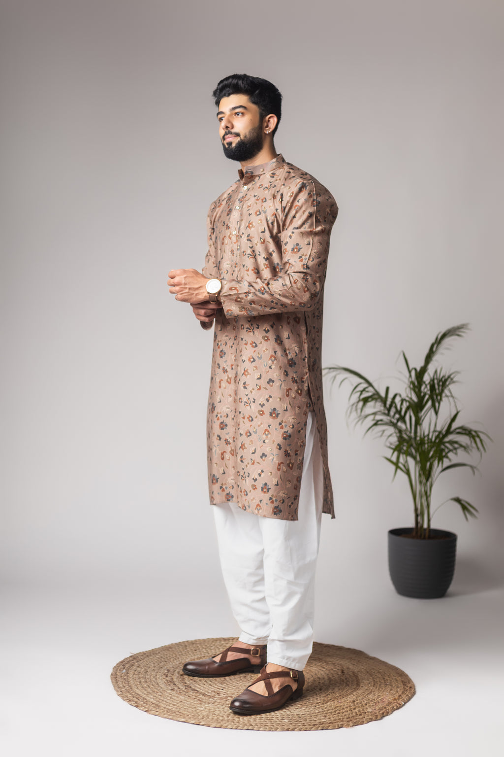 Regal Brown Modal Silk Motifs Kurta Set | Festive Print with Cotton Bottom