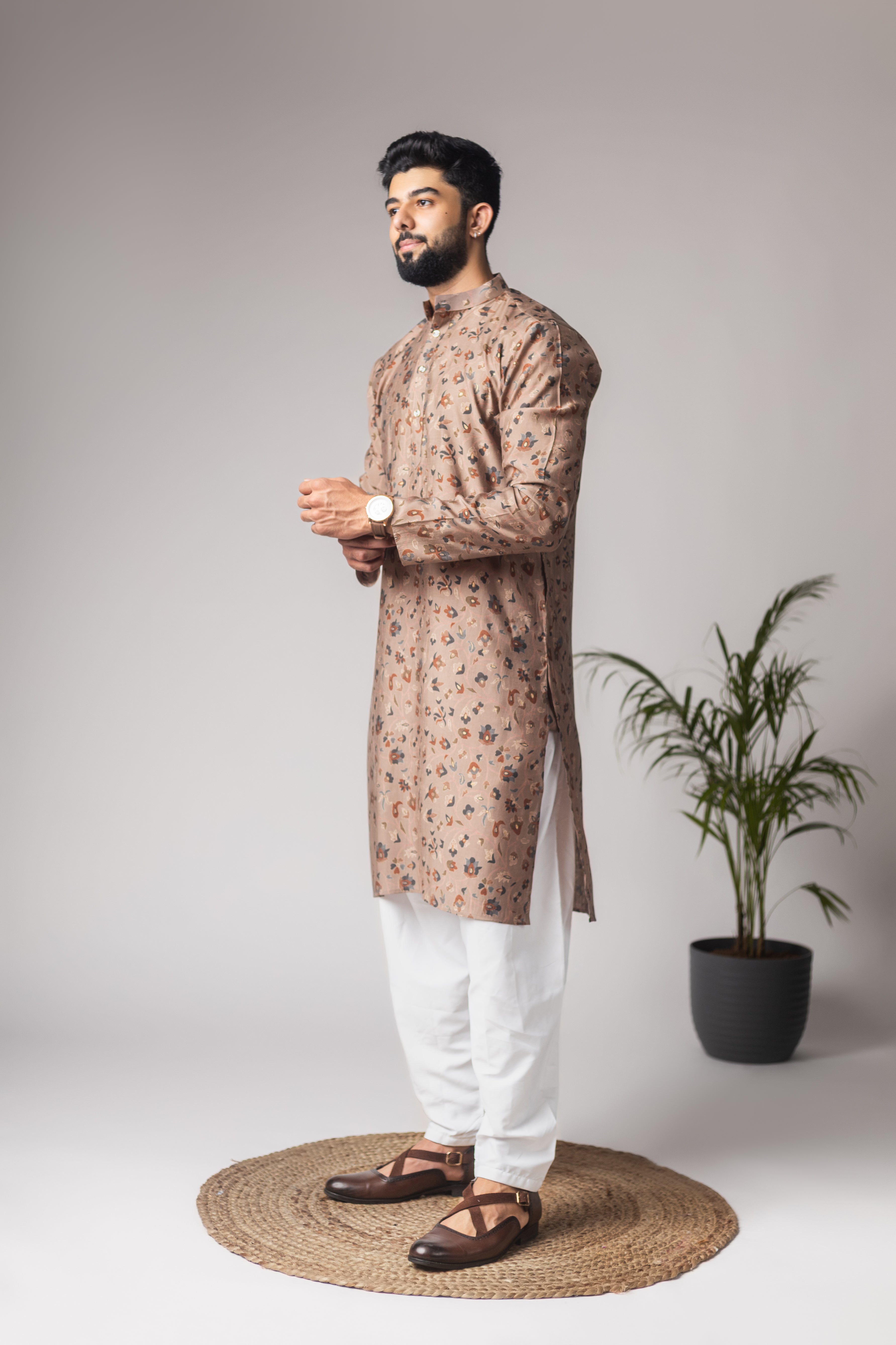 Regal Brown Modal Silk Motifs Kurta Set | Festive Print with Cotton Bottom