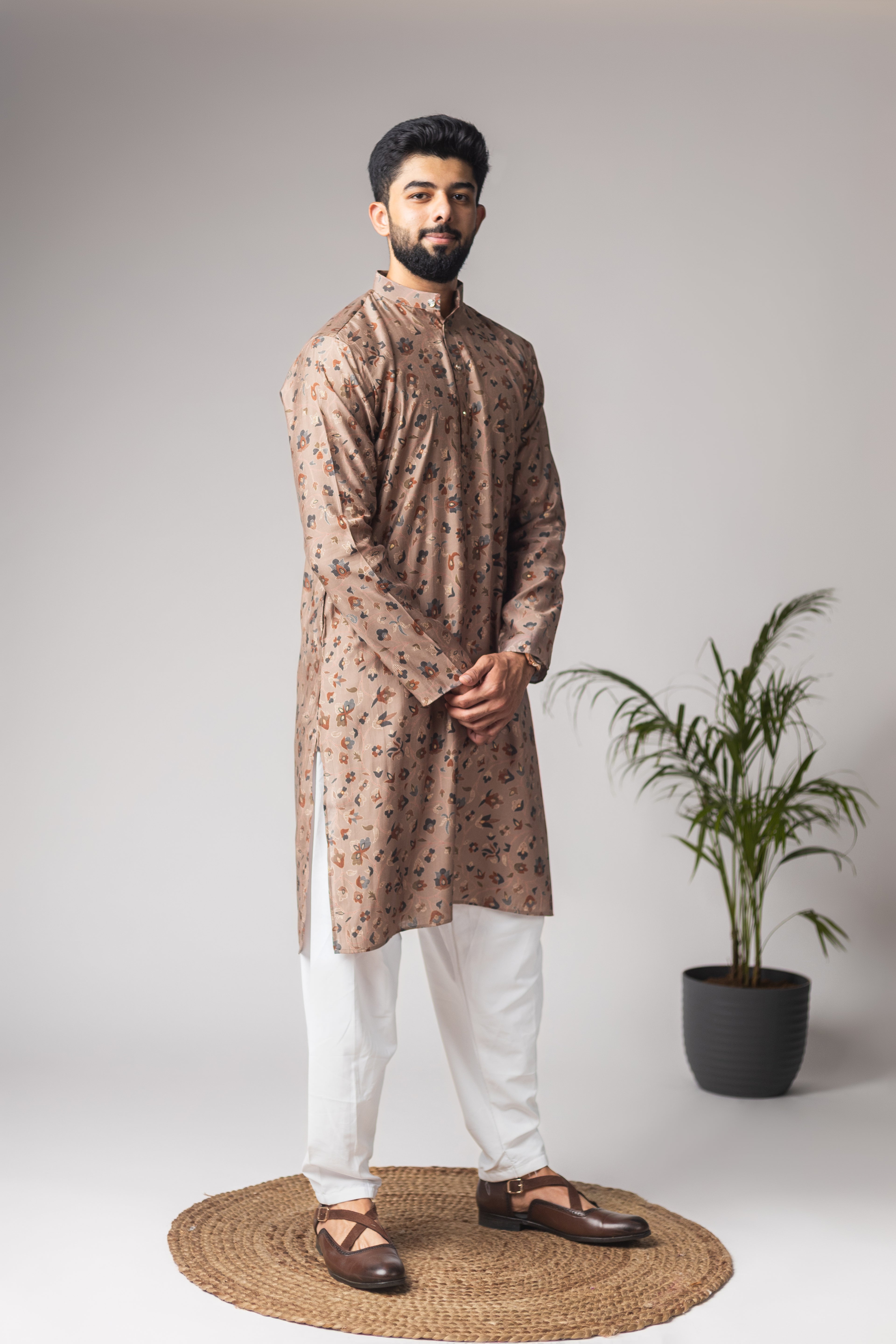Regal Brown Modal Silk Motifs Kurta Set | Festive Print with Cotton Bottom