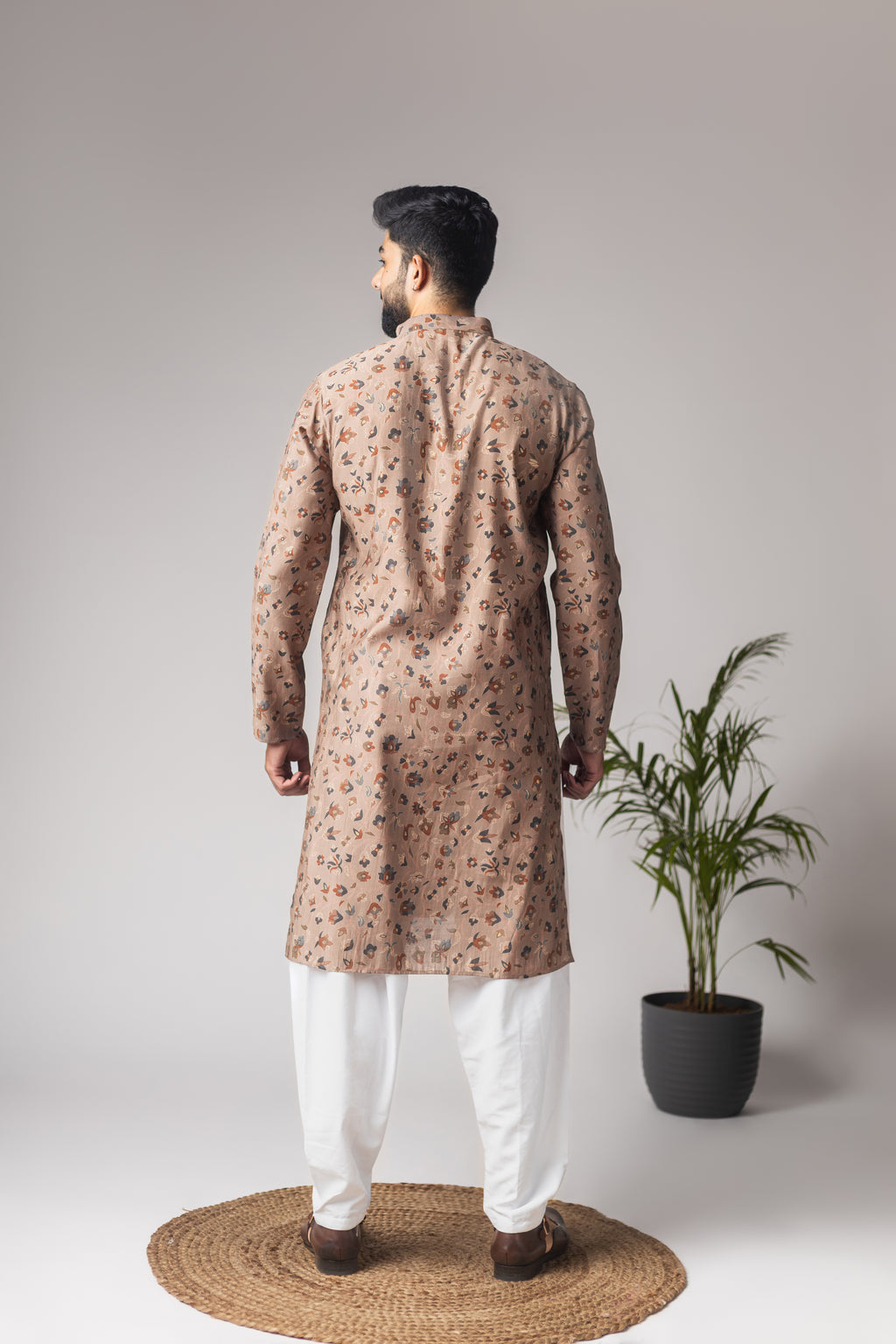 Regal Brown Modal Silk Motifs Kurta Set | Festive Print with Cotton Bottom