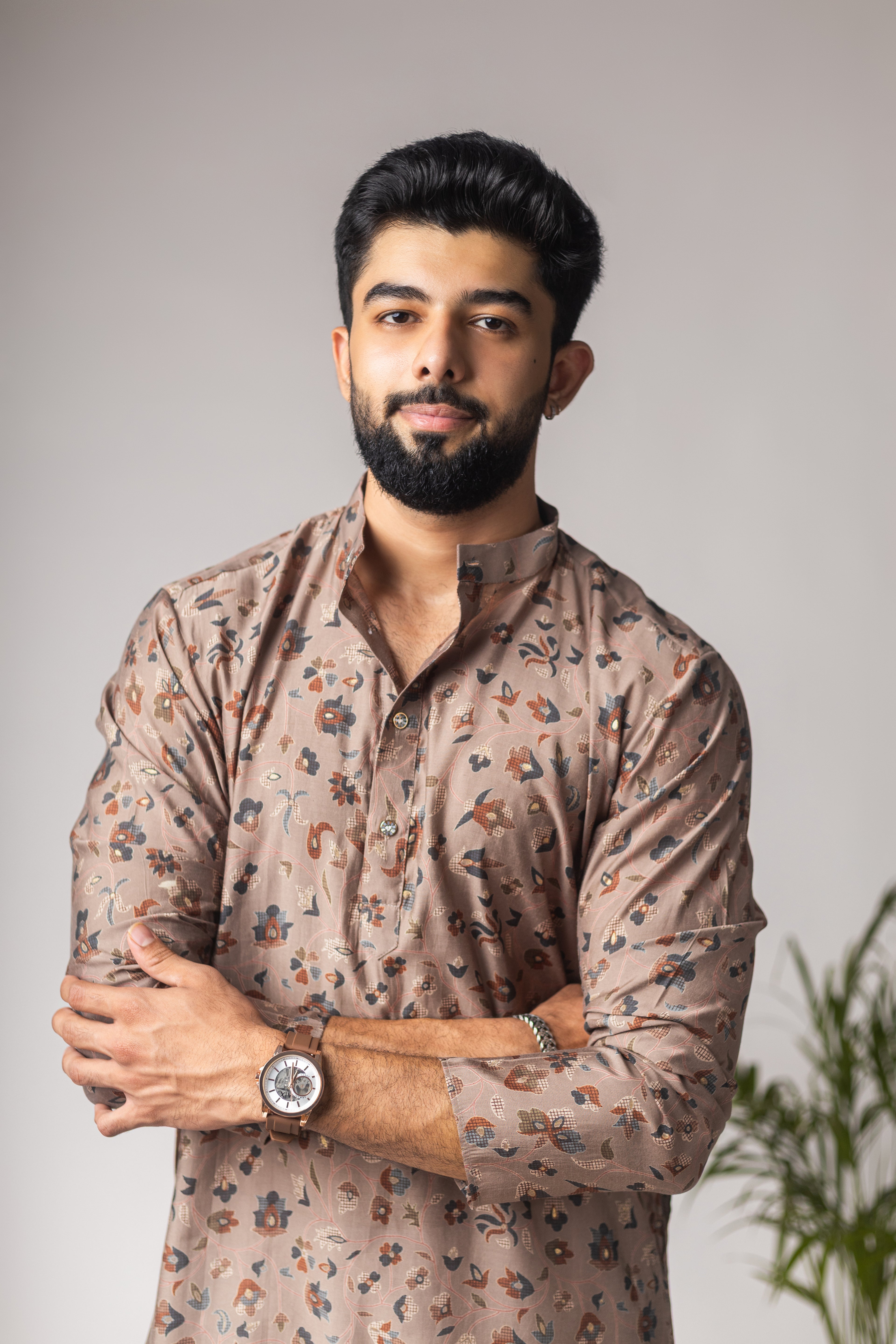 Regal Brown Modal Silk Motifs Kurta Set | Festive Print with Cotton Bottom