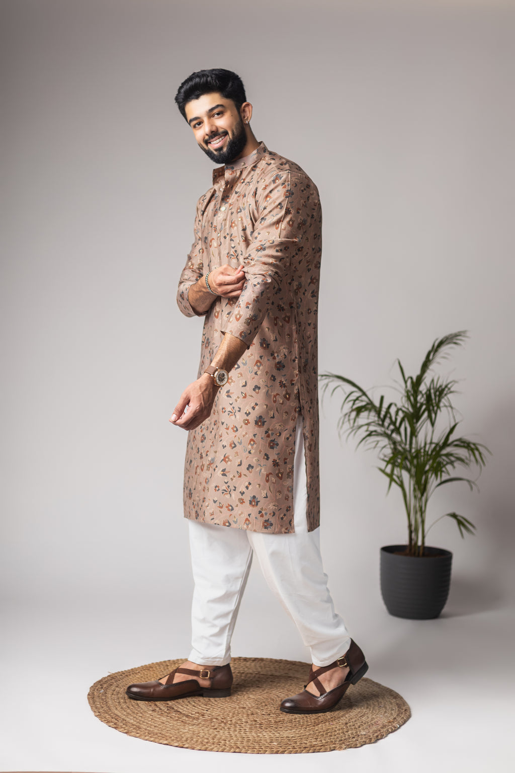 Regal Brown Modal Silk Motifs Kurta Set | Festive Print with Cotton Bottom