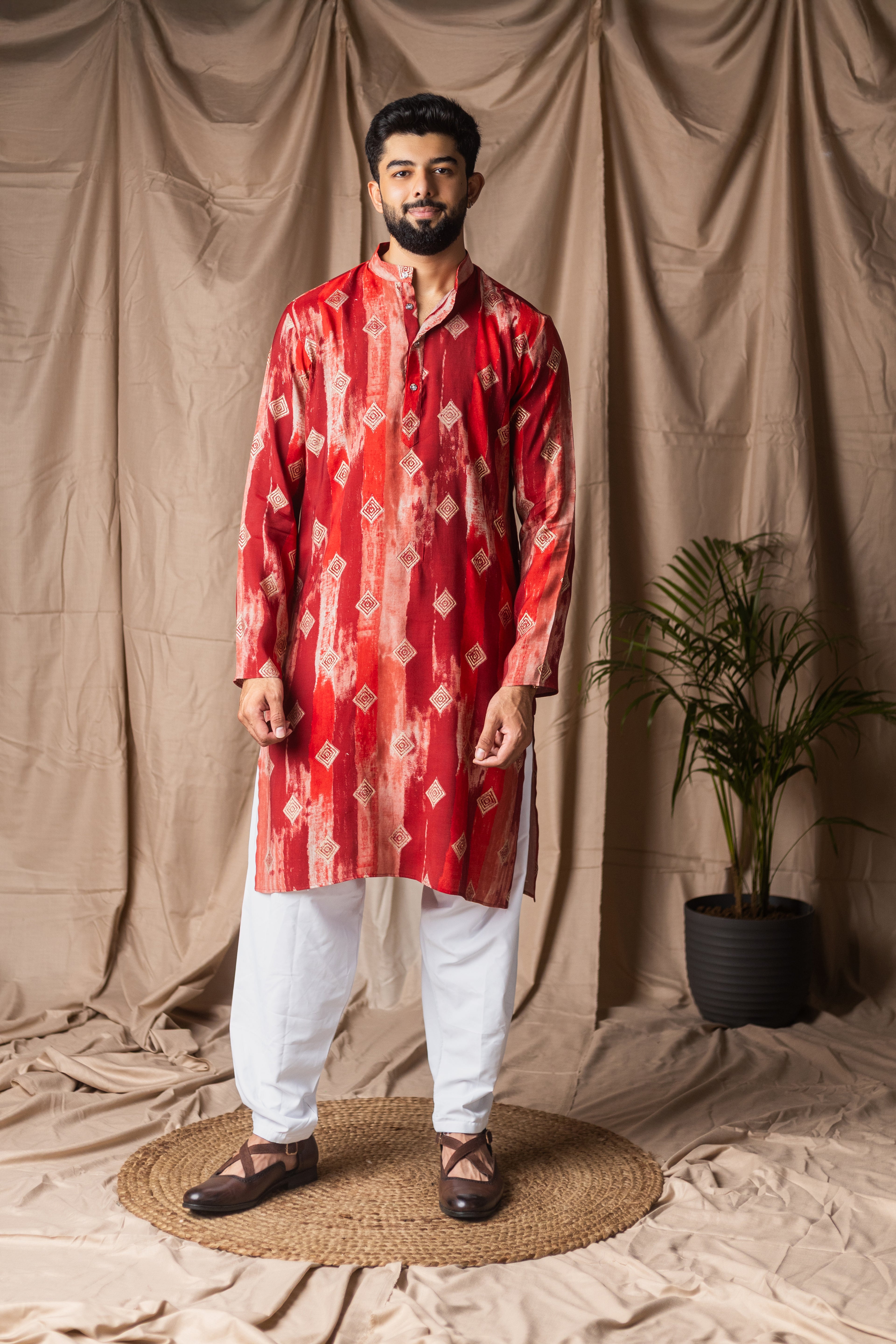 Vibrant Red Modal Silk Tie-Dye Kurta Set | Bold Festive Statement