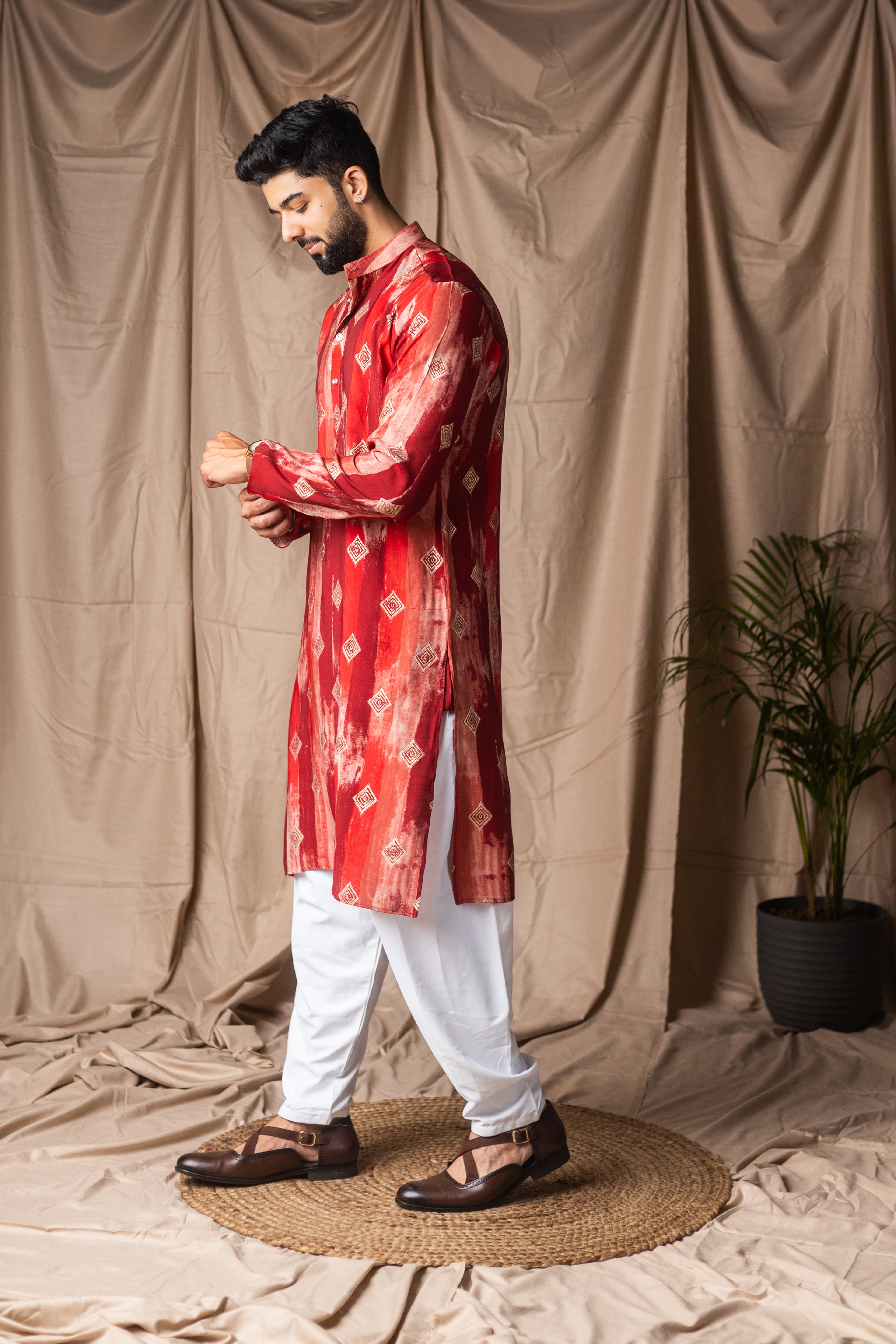 Vibrant Red Modal Silk Tie-Dye Kurta Set | Bold Festive Statement