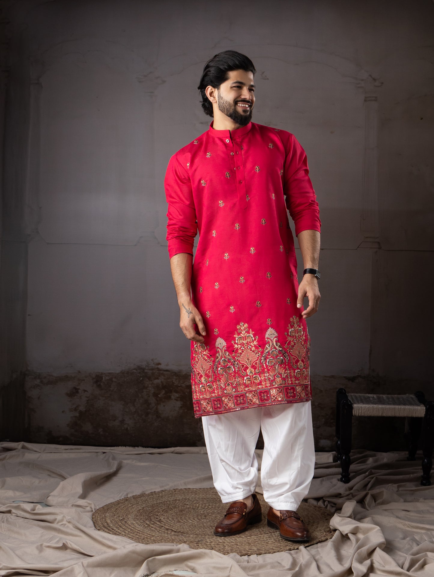 Cherry Red Rayon Embroidered Kurta Set for Festive Wear