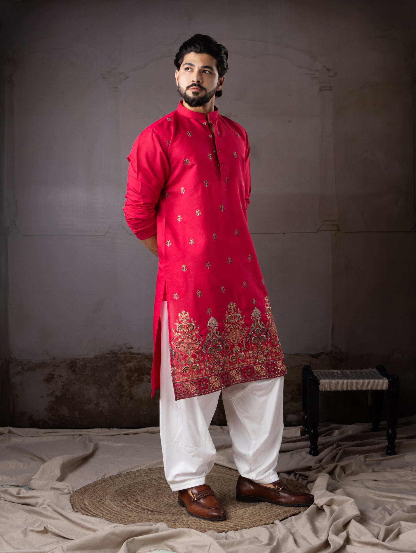 Cherry Red Rayon Embroidered Kurta Set for Festive Wear