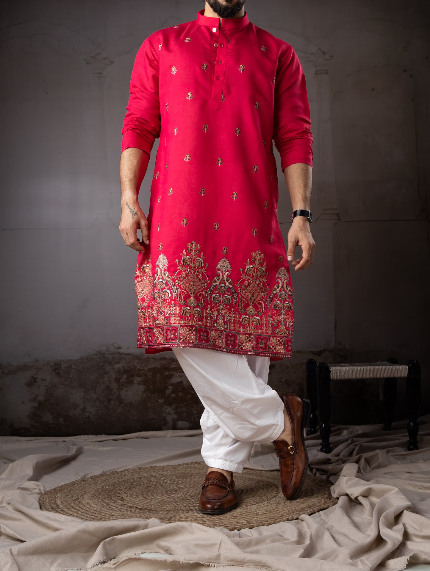 Cherry Red Rayon Embroidered Kurta Set for Festive Wear
