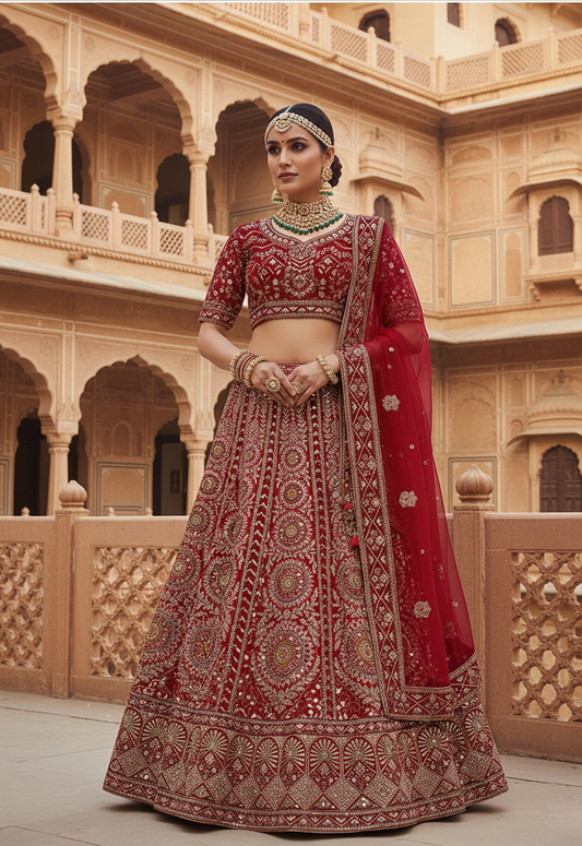 Royal Red Velvet Lehenga N890 | Cord Embroidery with Beads & Stone Work
