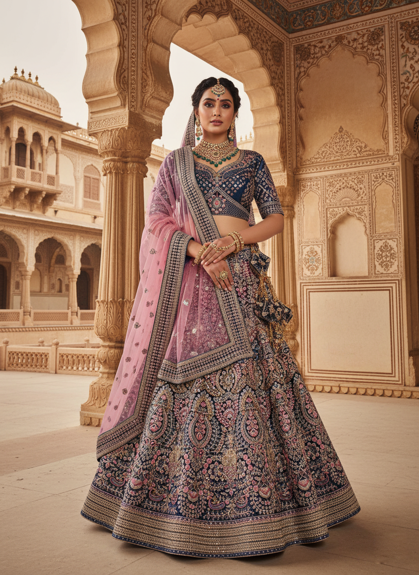 Royal Blue & Pink Velvet Lehenga Choli | Cord Embroidered with Bead and Stone Work