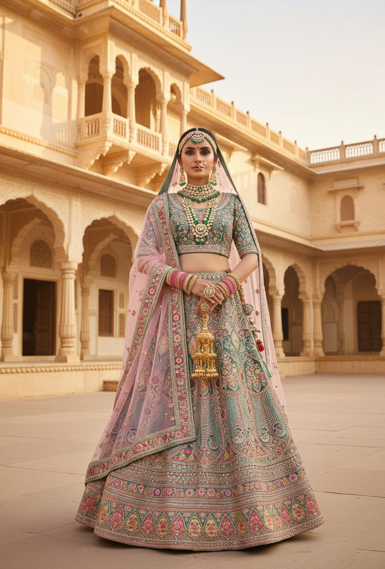 Emerald Green Velvet Lehenga Choli | Cord Embroidered with Beads and Stone Accents