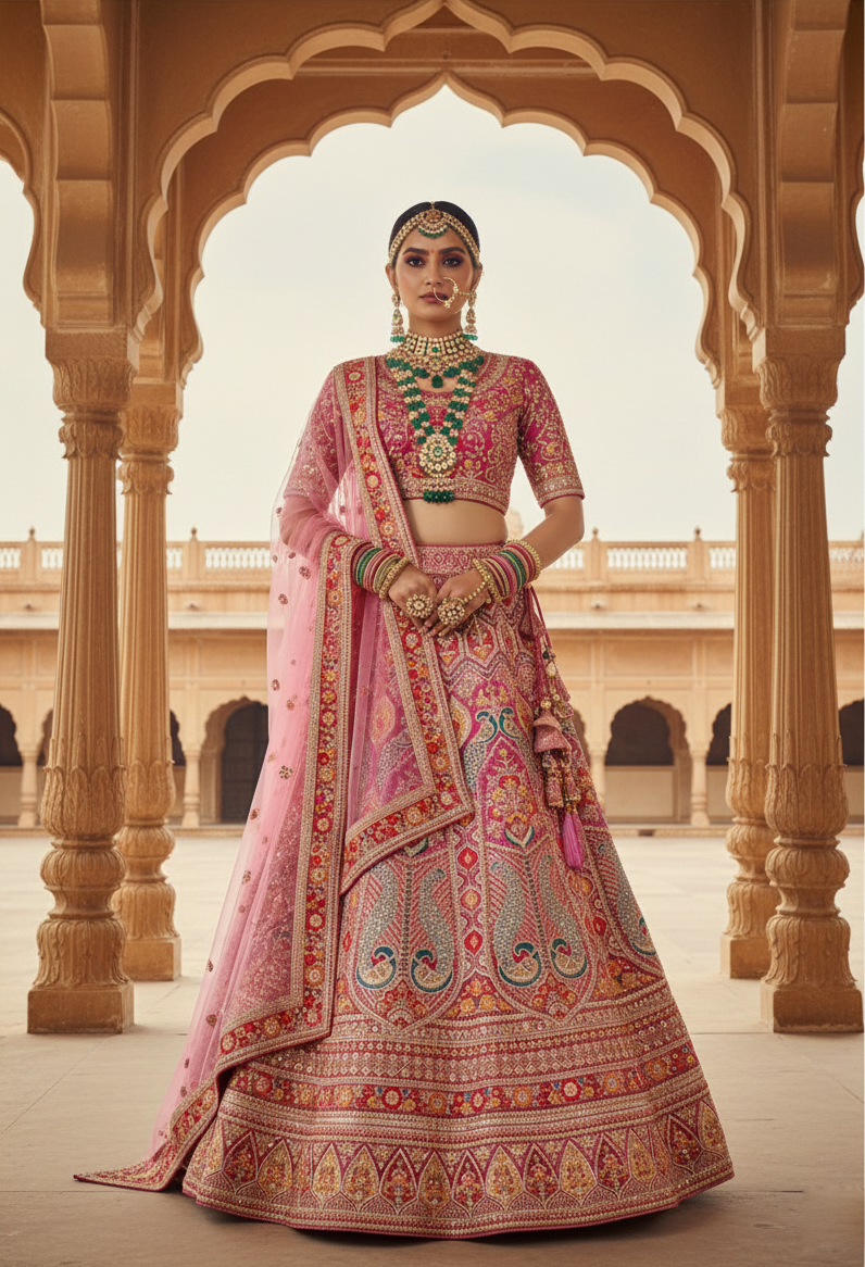 Traditional Gajari & Pink Velvet Lehenga Choli | Embellished with Cord Embroidery, Beads & Stones