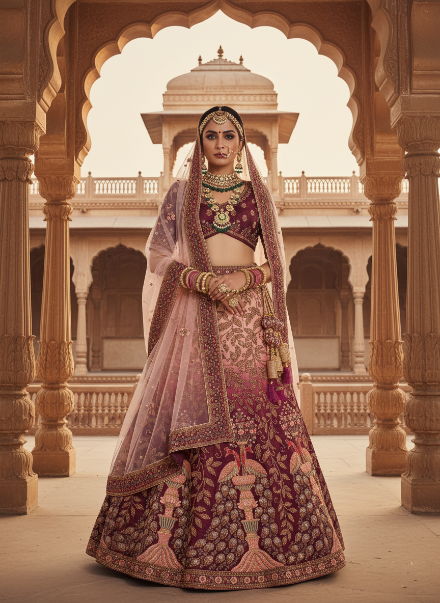 Wine & Pink Velvet Lehenga Choli | Exquisite Cord Embroidery with Bead and Stone Details