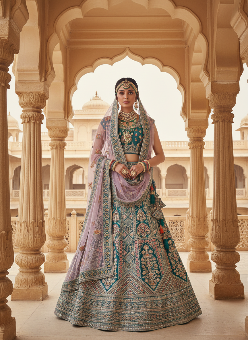 Forest Green & Pink Velvet Lehenga Choli | Artisan Cord Embroidery with Bead and Stone Work