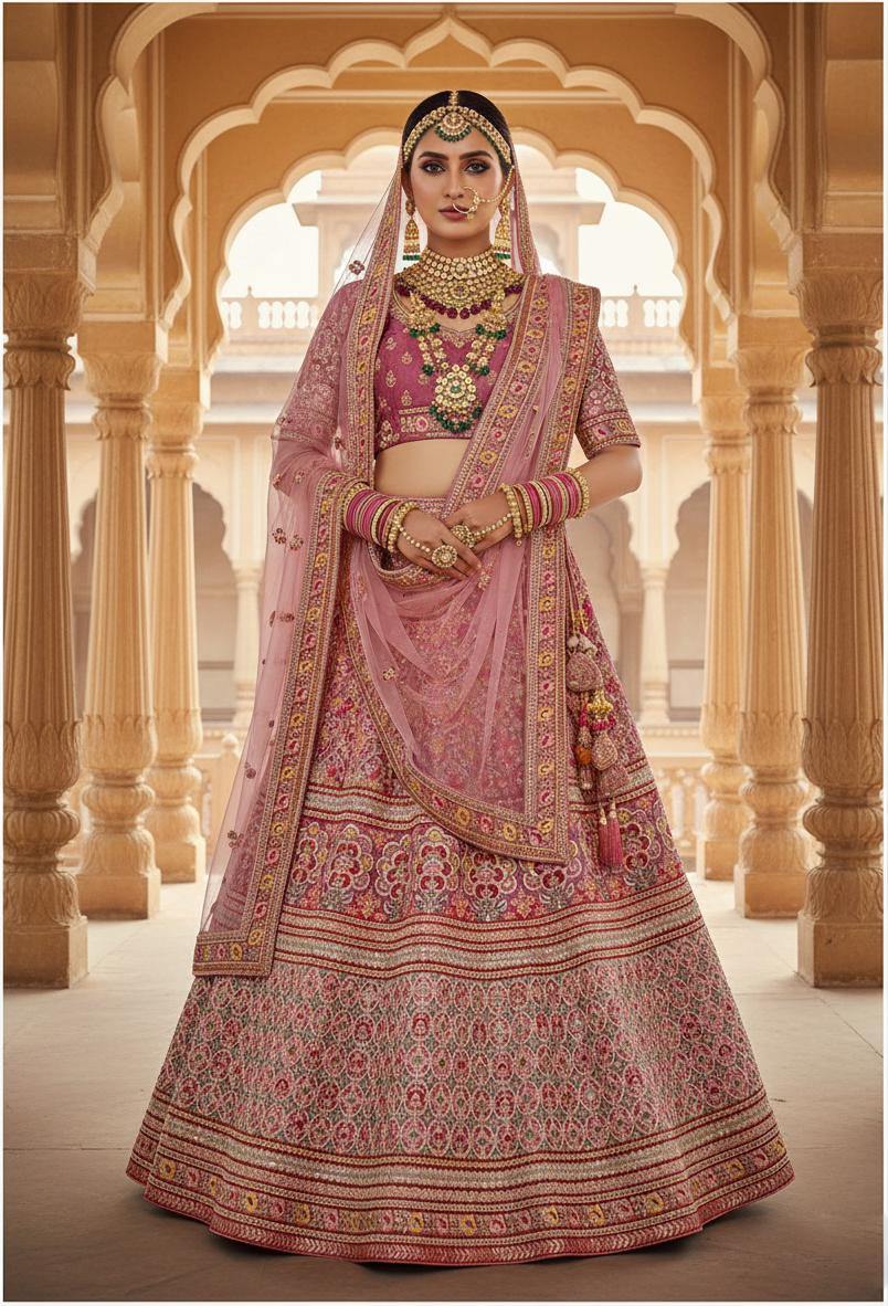 Golden Pyaji Velvet Lehenga Choli | Cord Embroidered with Beads and Stone Accents