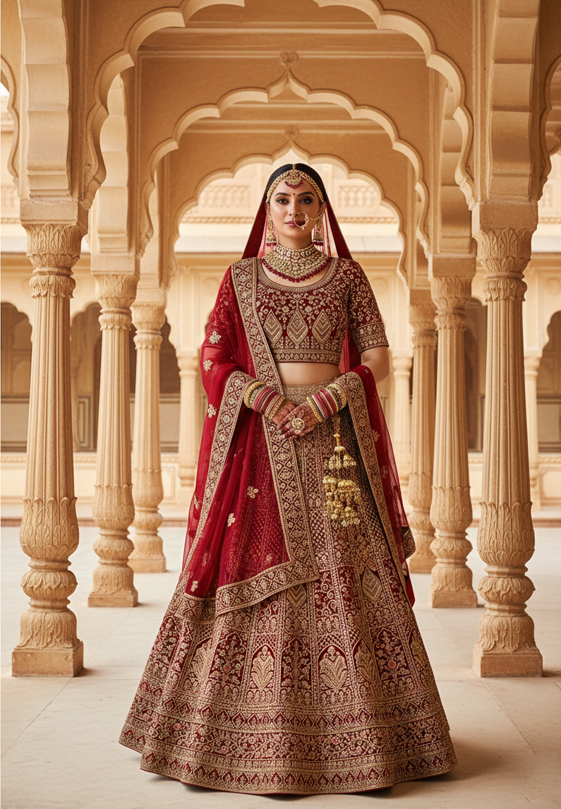 Classic Red Velvet Lehenga Choli | Traditional Cord Embroidery with Bead and Stone Work