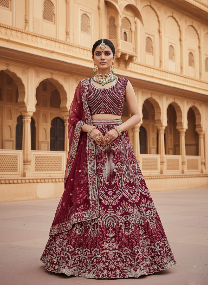 Wine Raw Silk Lehenga Choli | Thread & Diamond Work Bridal Couture Ensemble