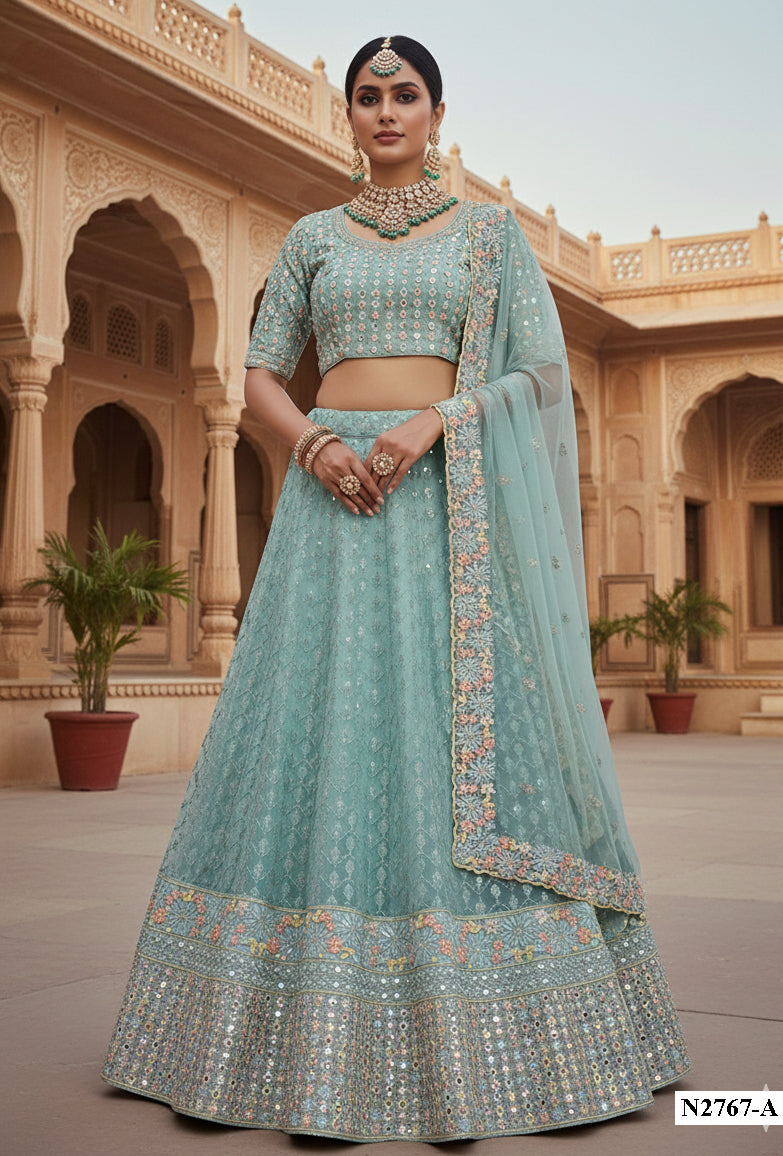 Ethereal Firozi Mono Net Lehenga | Sequin & Silver Stone Embellished Couture