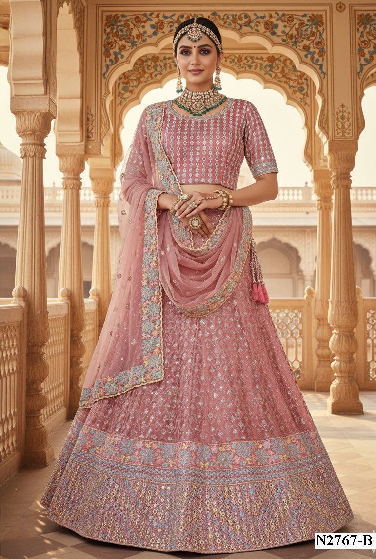 Blushing Pink Mono Net Lehenga | Sequin & Silver Stone Embellished Couture