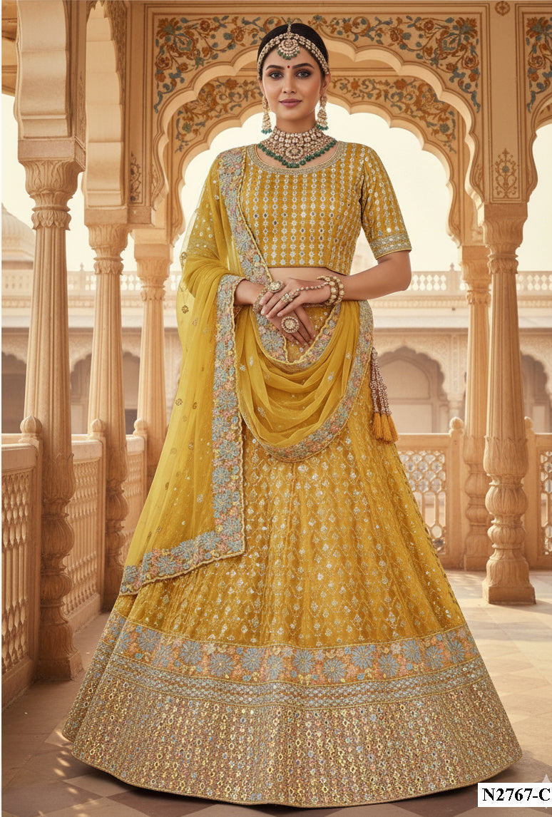 Radiant Lemon Mono Net Lehenga | Sequin & Silver Stone Embellished Couture