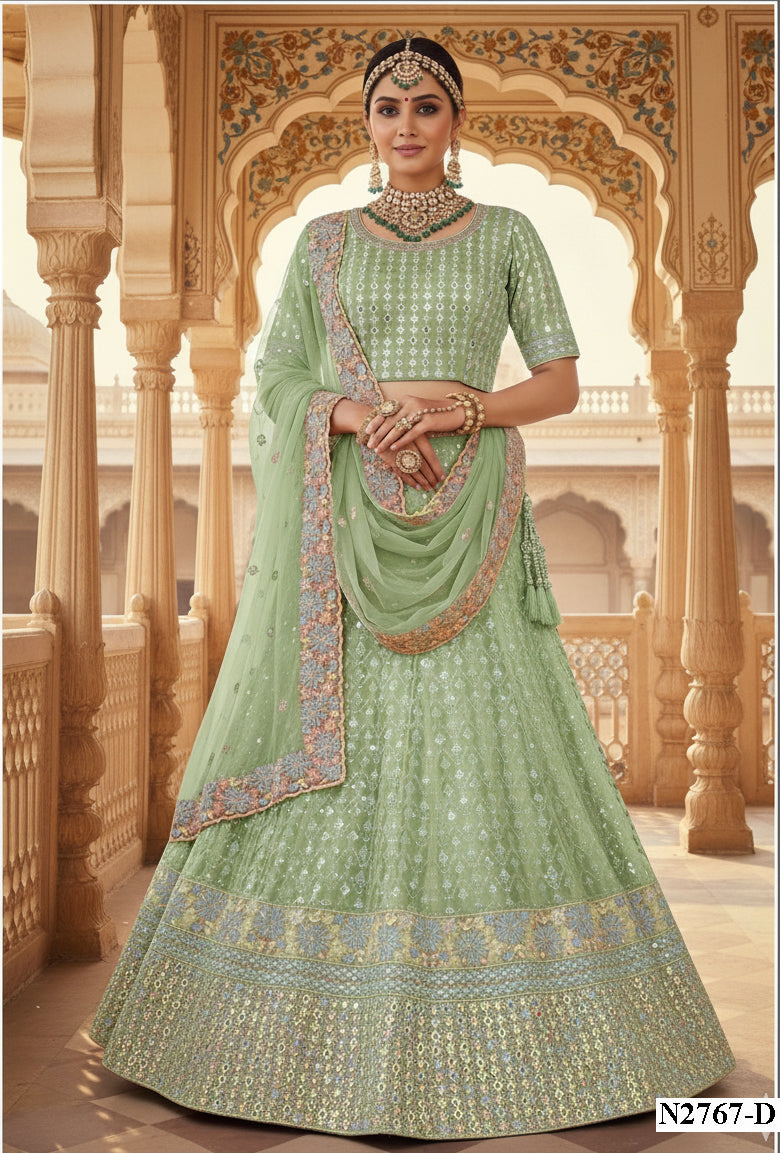 Enchanting Green Mono Net Lehenga | Sequin & Silver Stone Embellished Couture