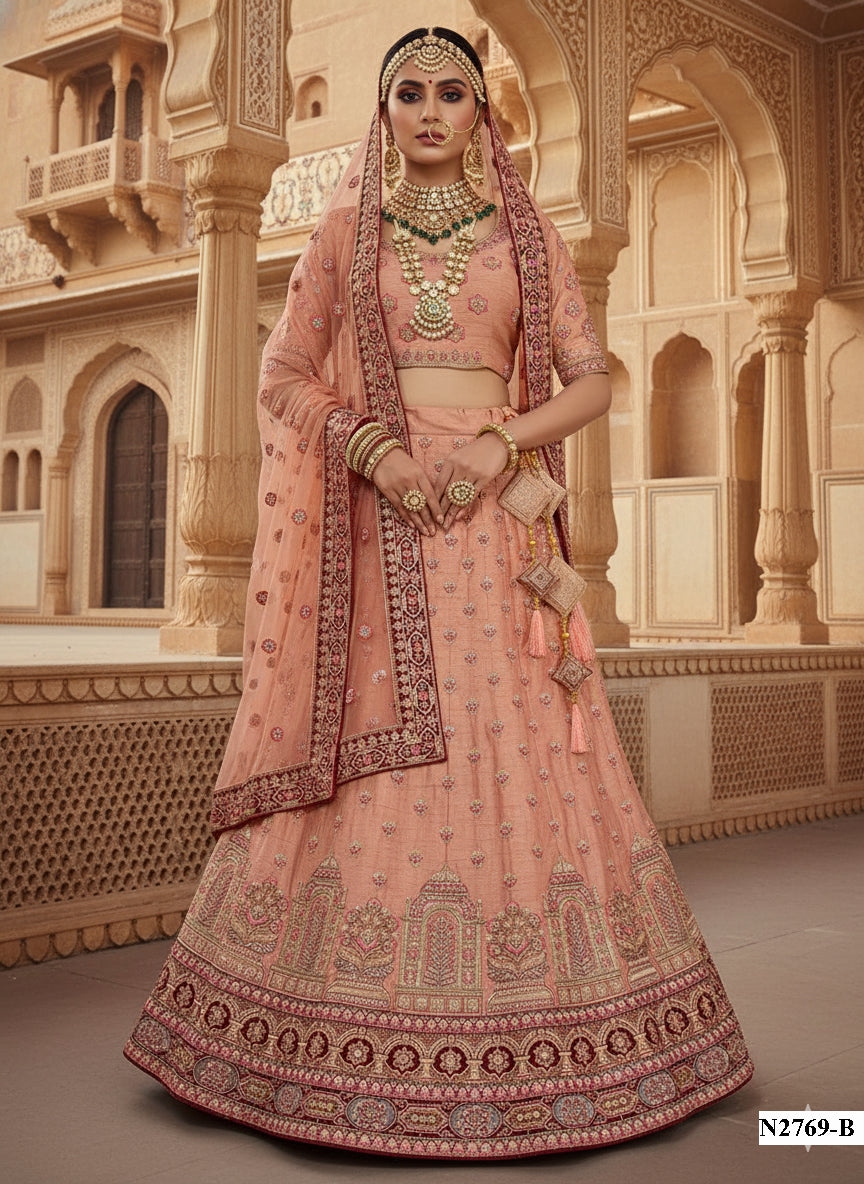 Delicate Peach Dhupian Silk Lehenga | Swarovski Embellished Couture