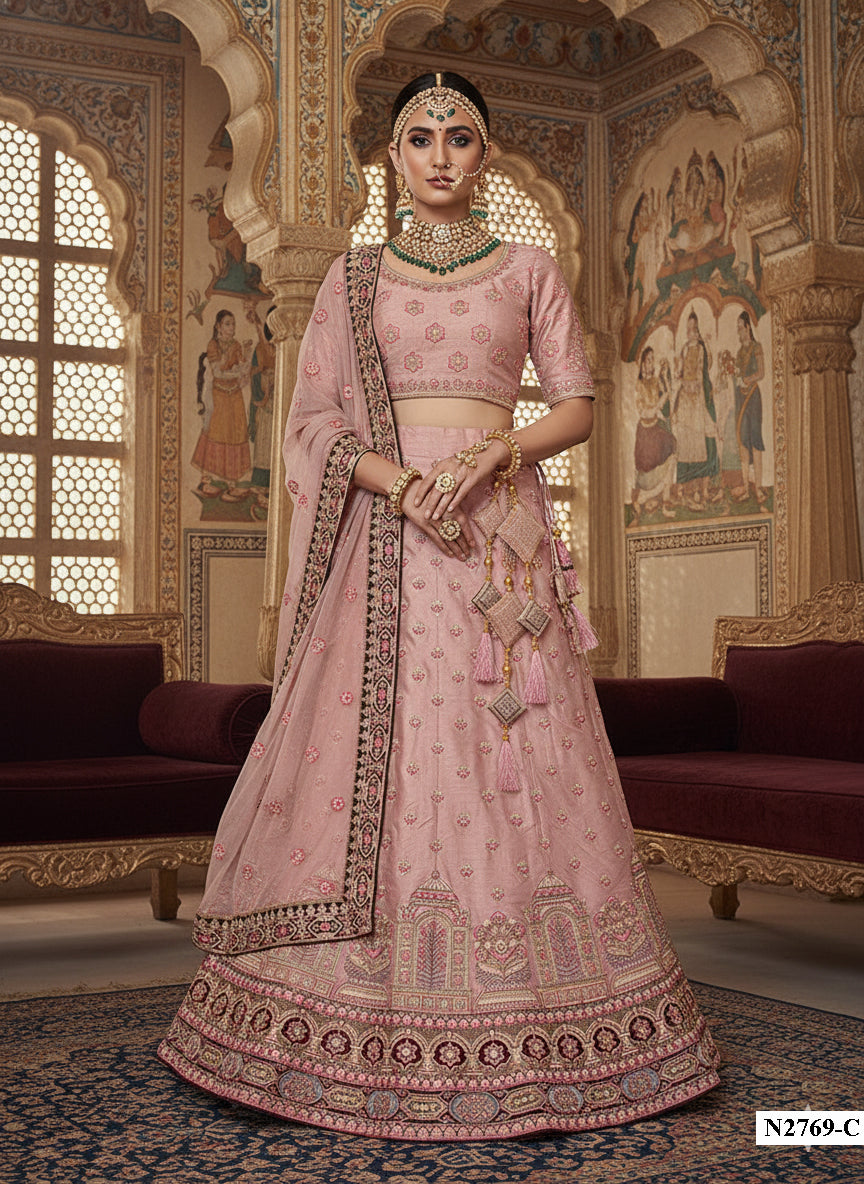 Romantic Pink Dhupian Silk Lehenga | Swarovski Embellished Couture