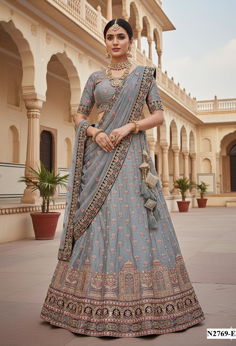 Sophisticated Grey Dhupian Silk Lehenga | Swarovski Embellished Couture