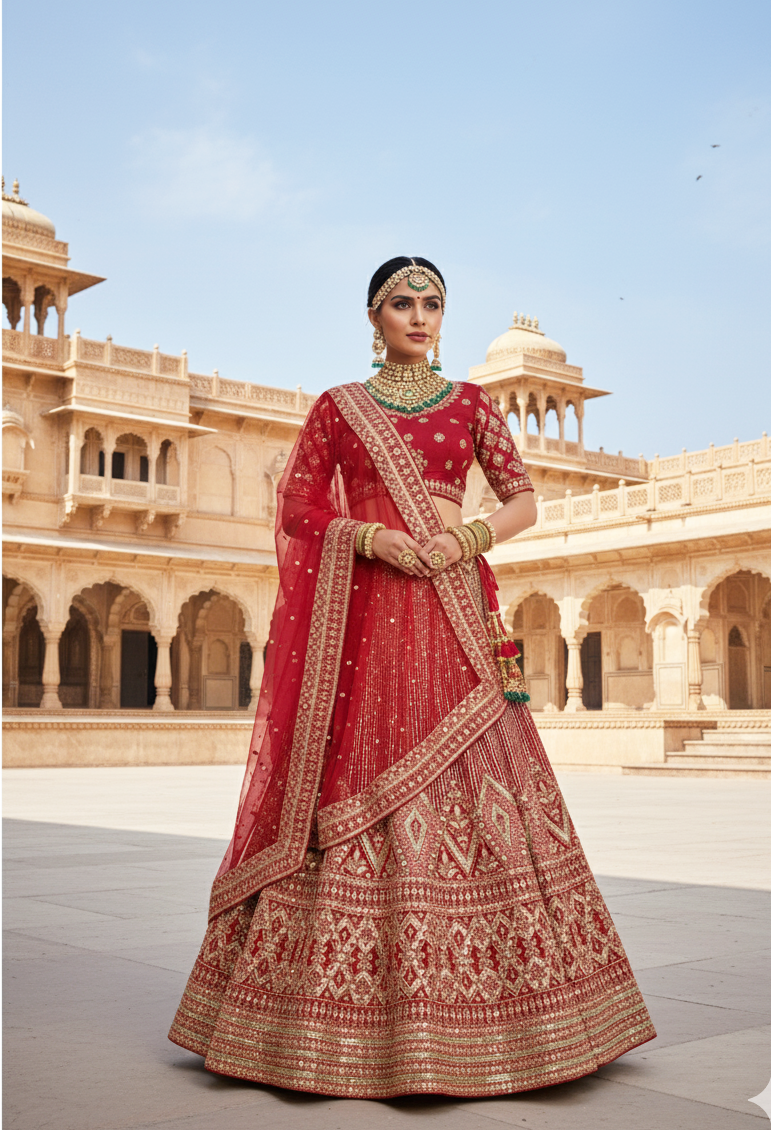 Crimson Velvet Lehenga N2740-A | Mirror & Thread Embroidery Couture