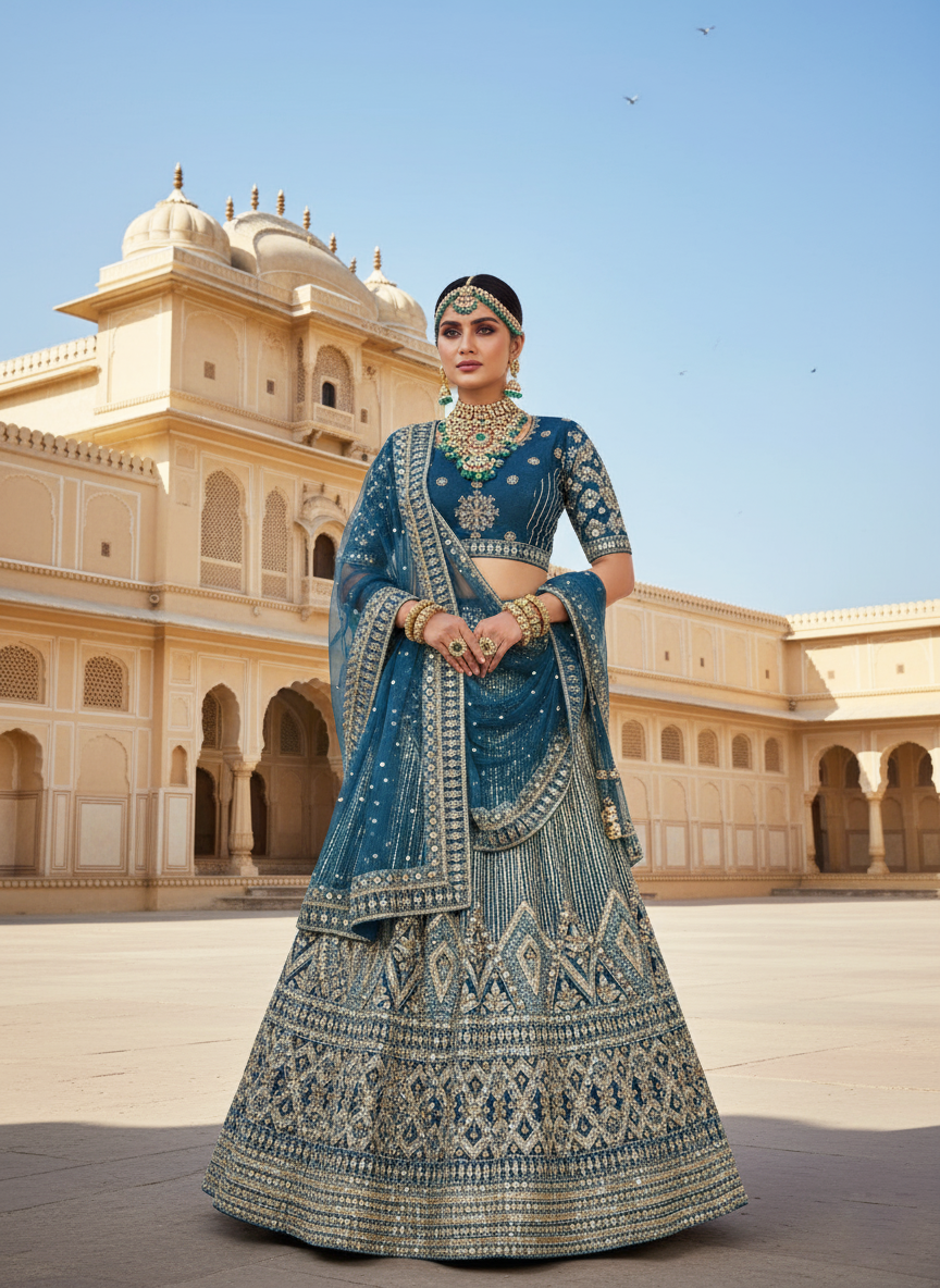 Rama Velvet Lehenga Choli | Sequins Embroidered Traditional Ensemble