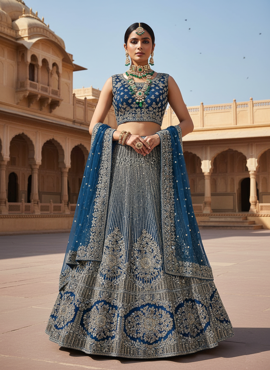 Rama Velvet Lehenga Choli | Sequins Embroidered Traditional Ensemble