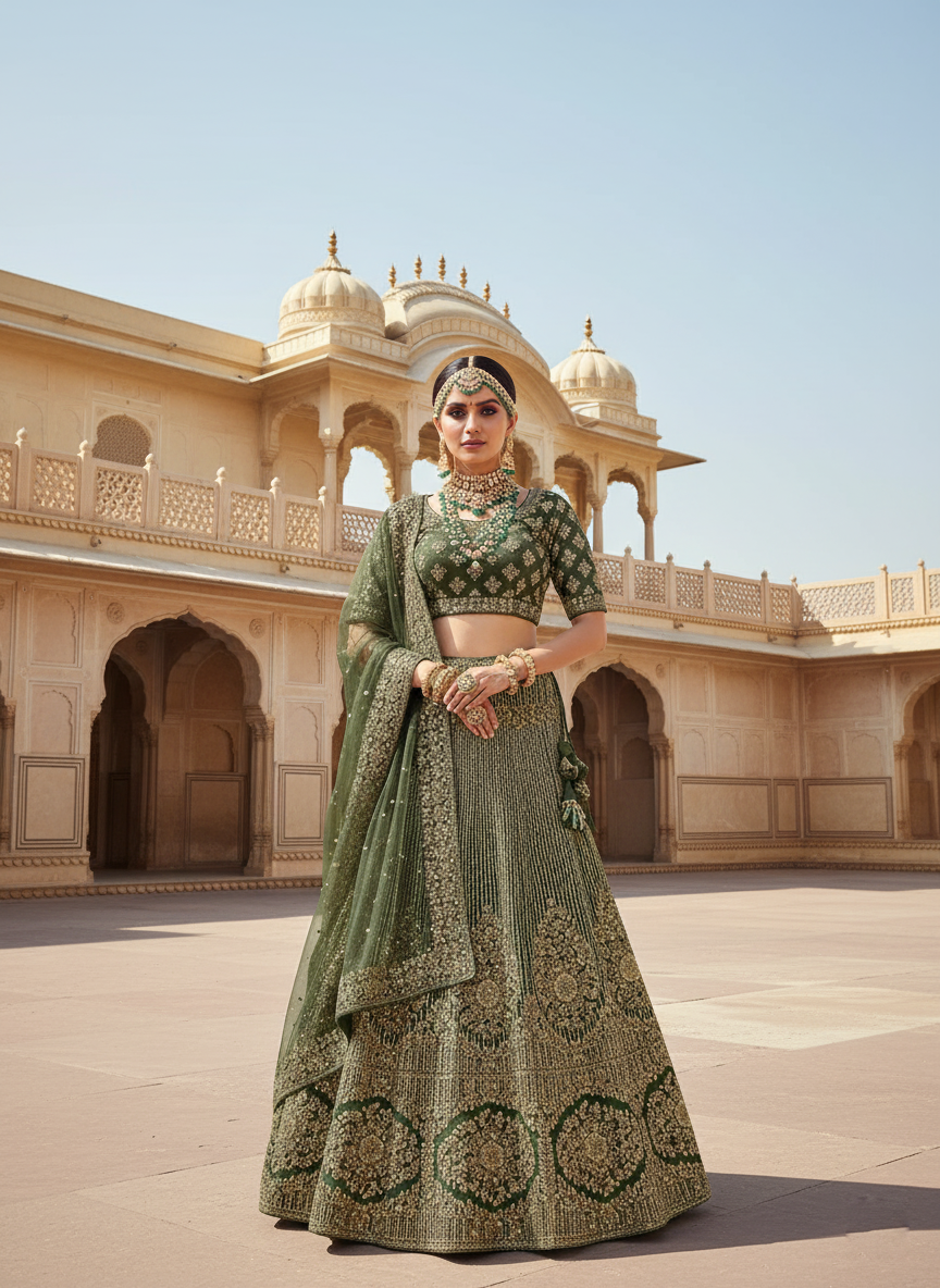 Mehandi Velvet Lehenga Choli | Sequins Embroidered Festive Ensemble