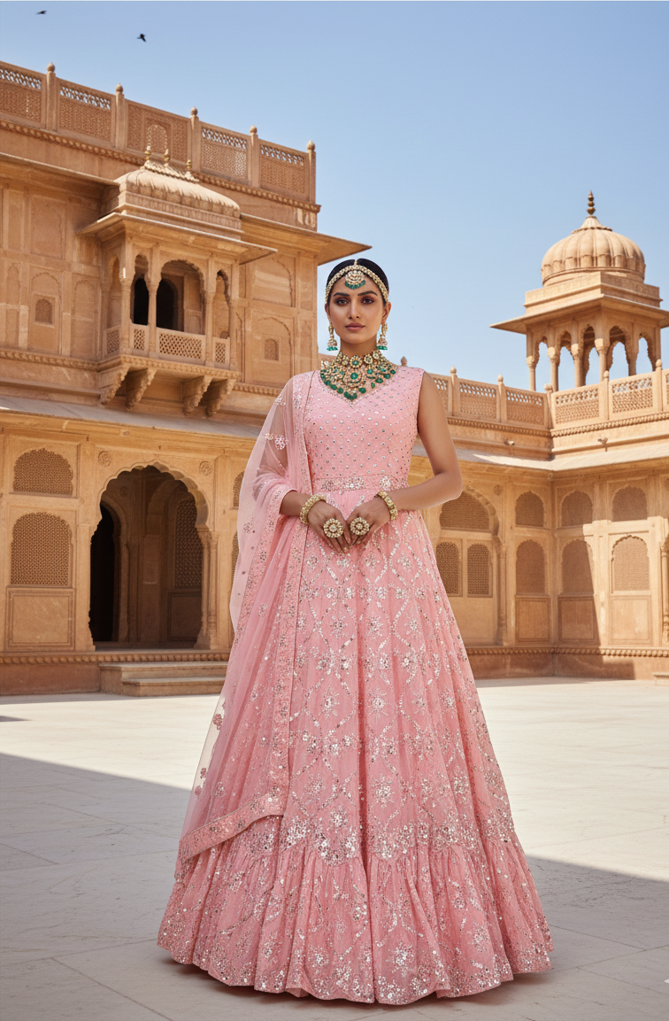 Peach Georgette Lehenga Choli | Sequins Embroidered Elegant Ensemble