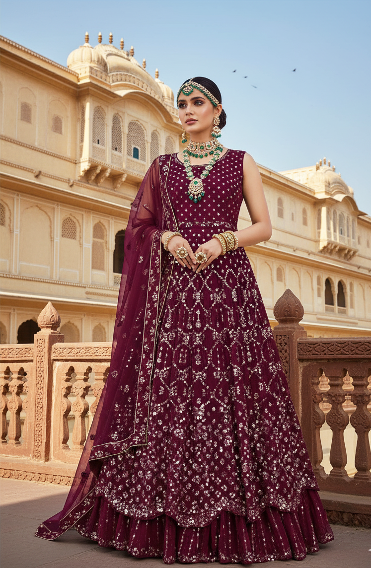 Wine Georgette Lehenga Choli | Sequins Embroidered Sophisticated Ensemble